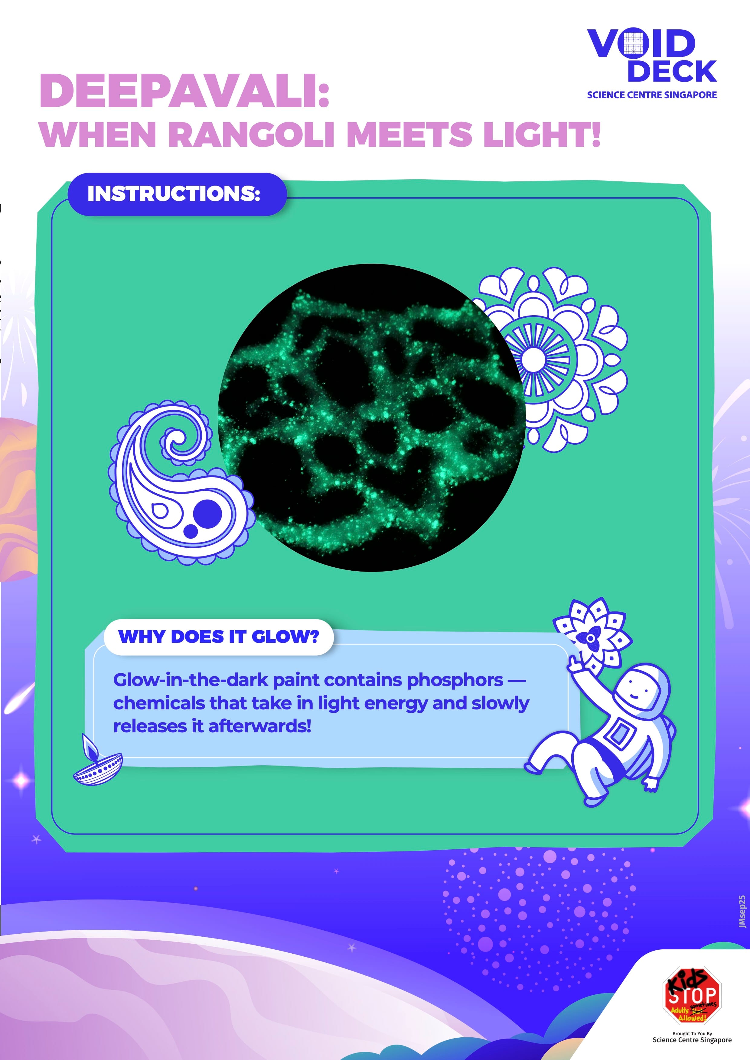 Deepavali-themed Science Centre poster showing glowing rangoli art with text explaining phosphor-based glow-in-the-dark paint.