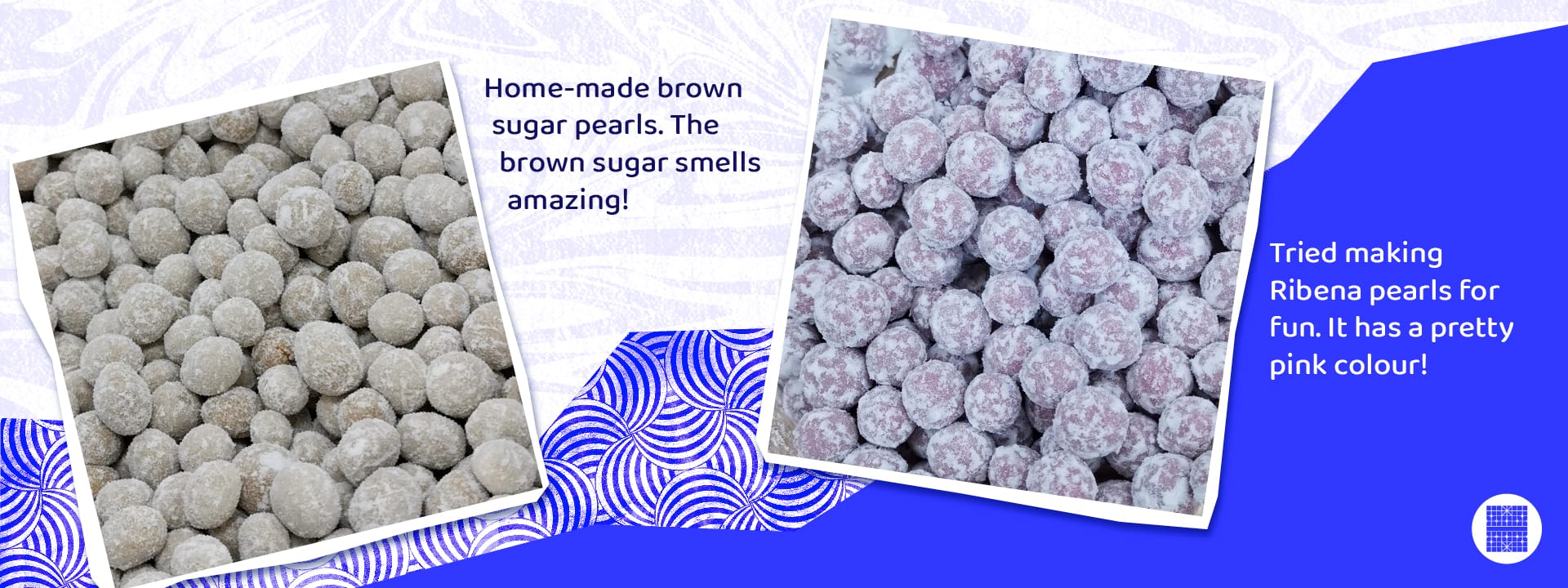 Two close-up photos of homemade sugar pearls: beige brown sugar pearls and pink Ribena pearls coated in powder.