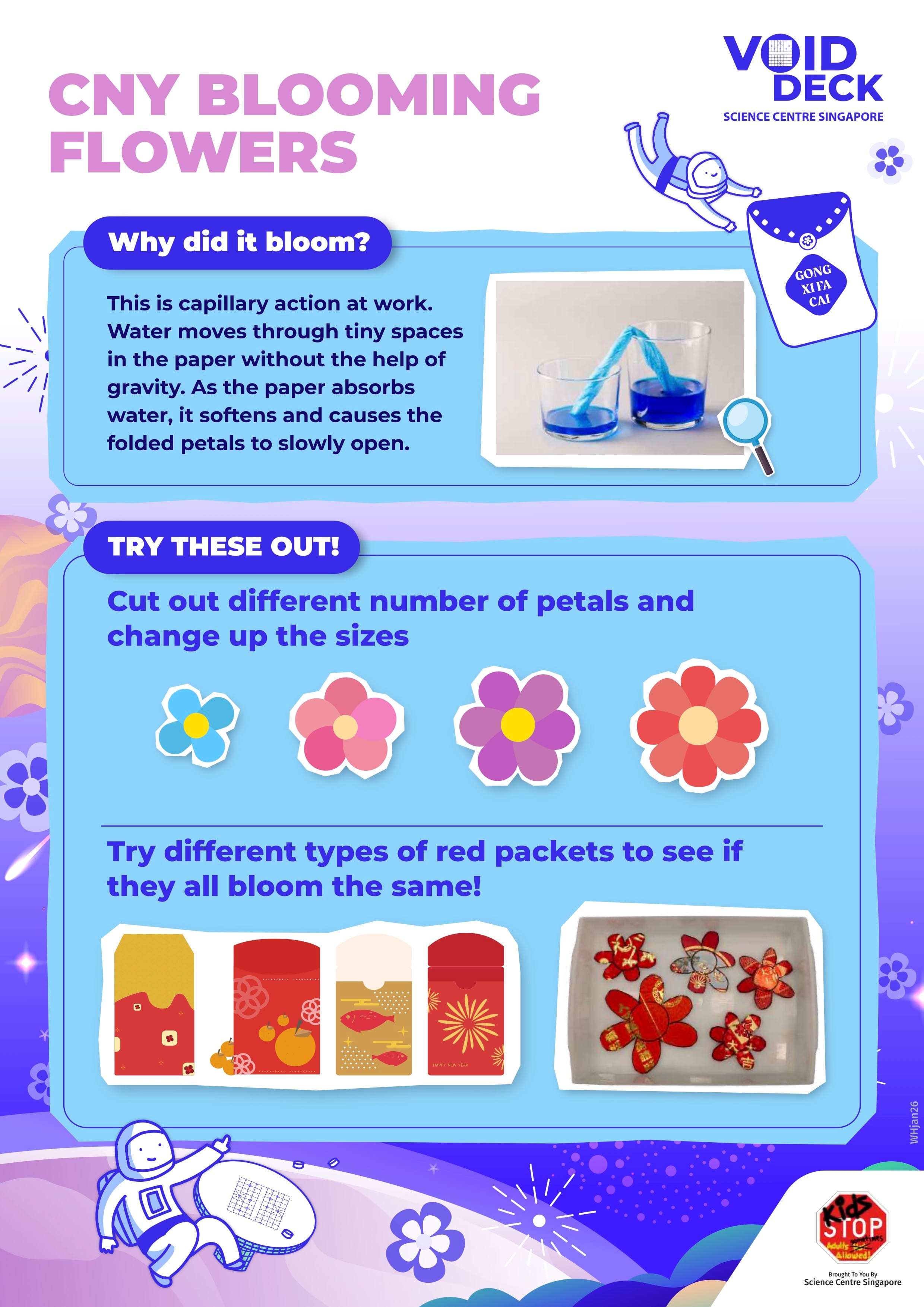 Science Centre Singapore poster explaining CNY blooming flowers using capillary action, with flower cutouts and red packet examples.