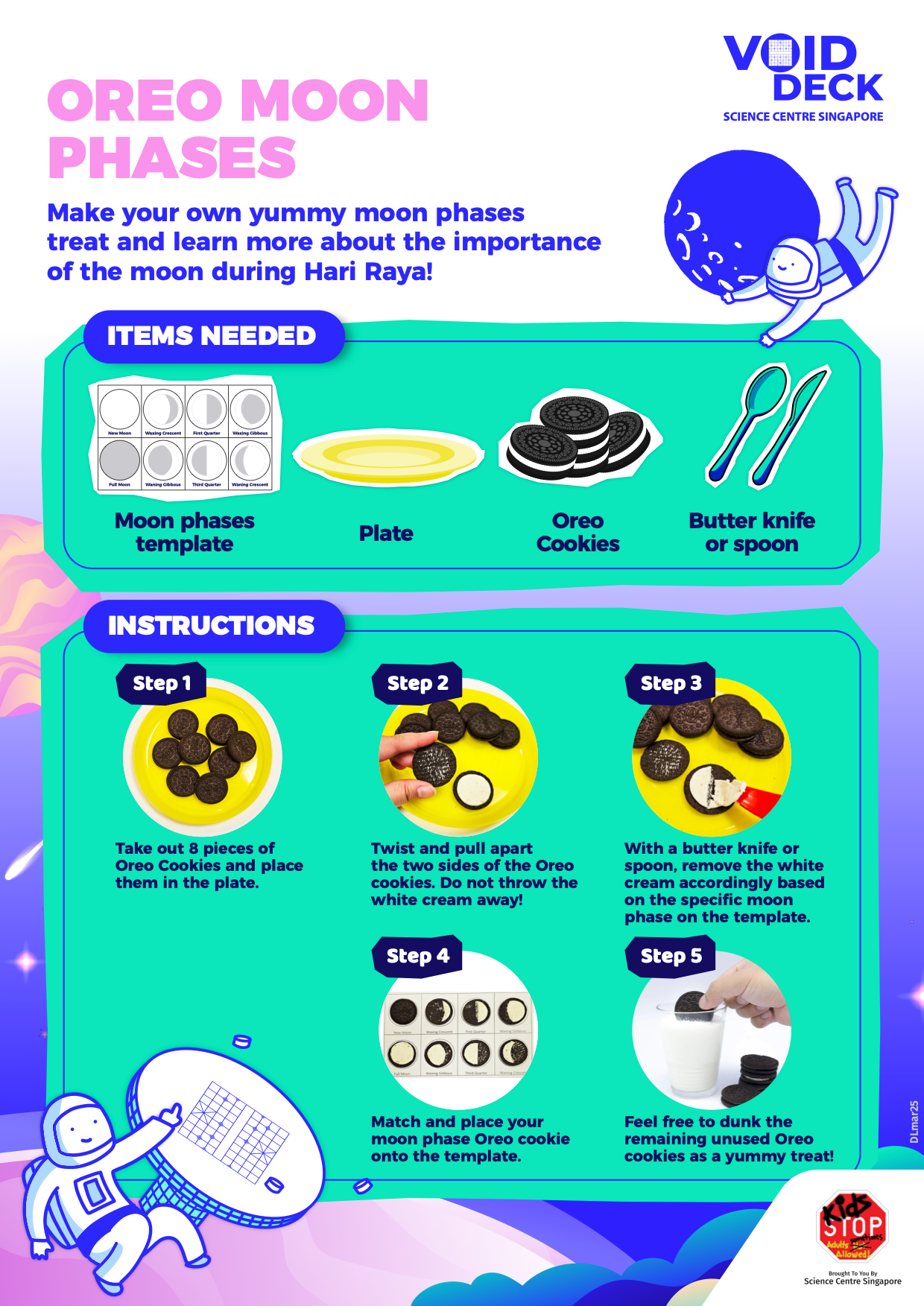 Colorful instructional poster showing 5 steps to create Oreo cookie moon phases using cookies, a plate, and a butter knife.