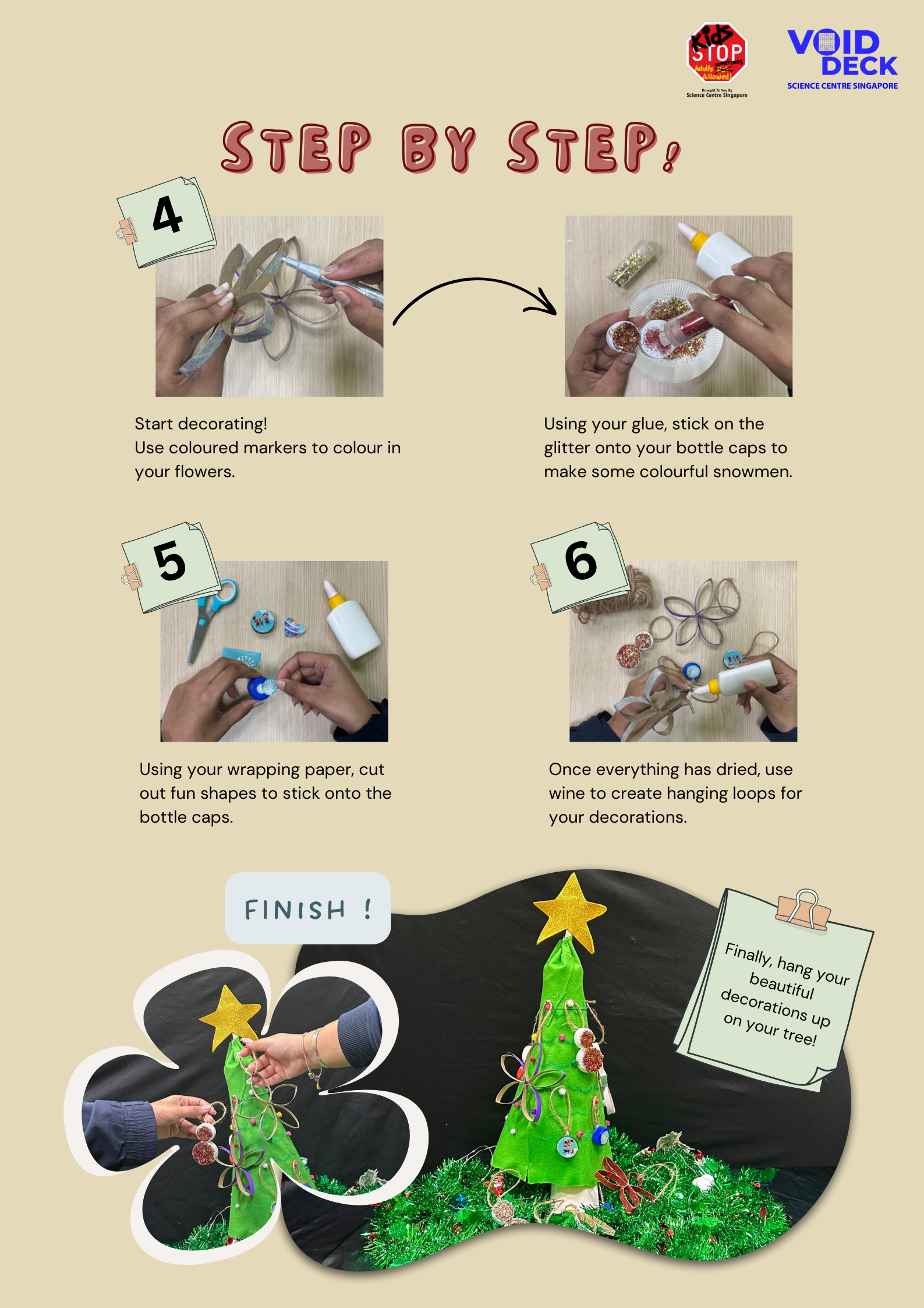 Step-by-step craft guide showing how to make Christmas tree decorations using bottle caps, glitter, and wrapping paper.