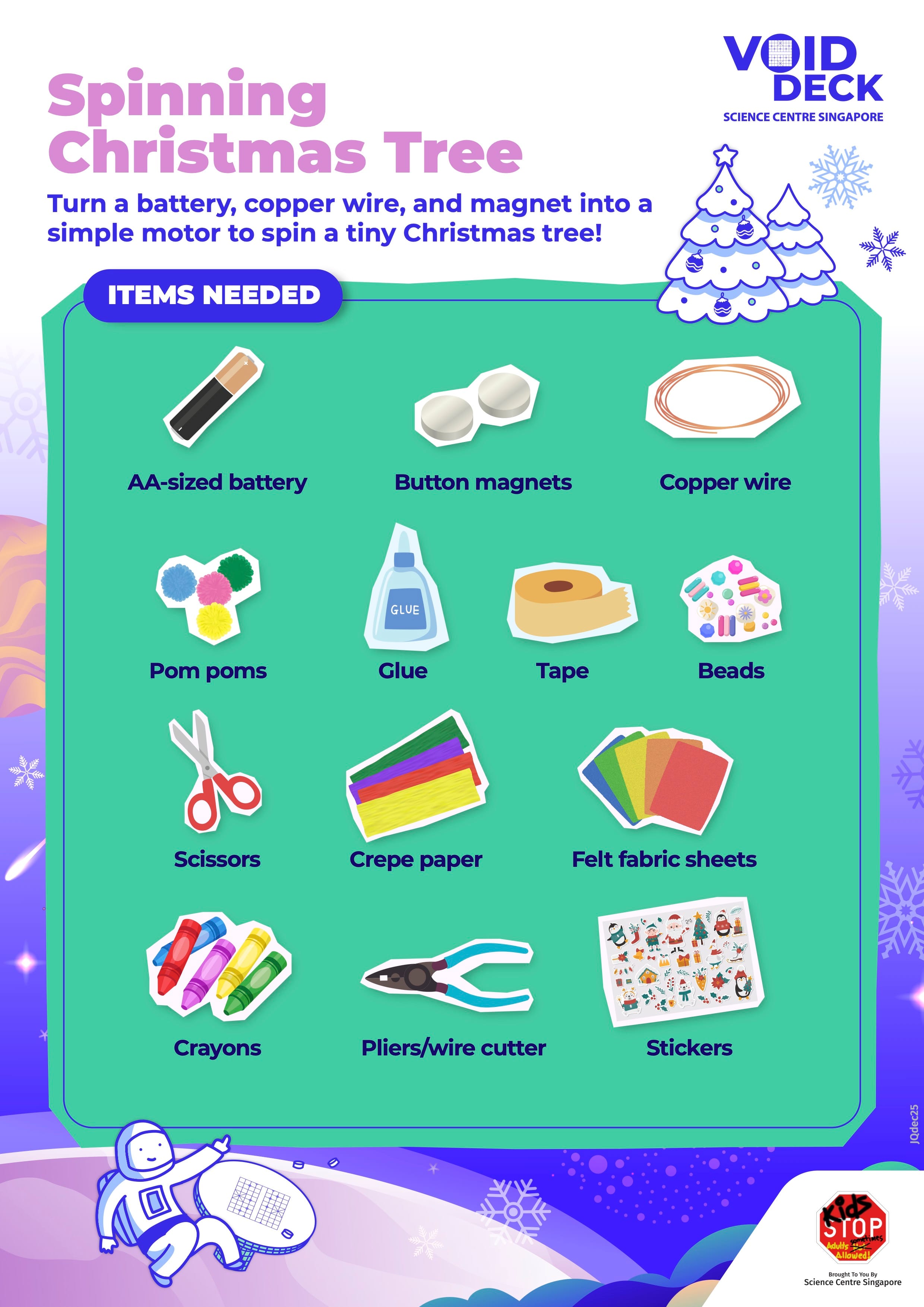 Spinning Christmas Tree craft activity poster listing items needed including battery, magnets, copper wire, glue, and scissors.