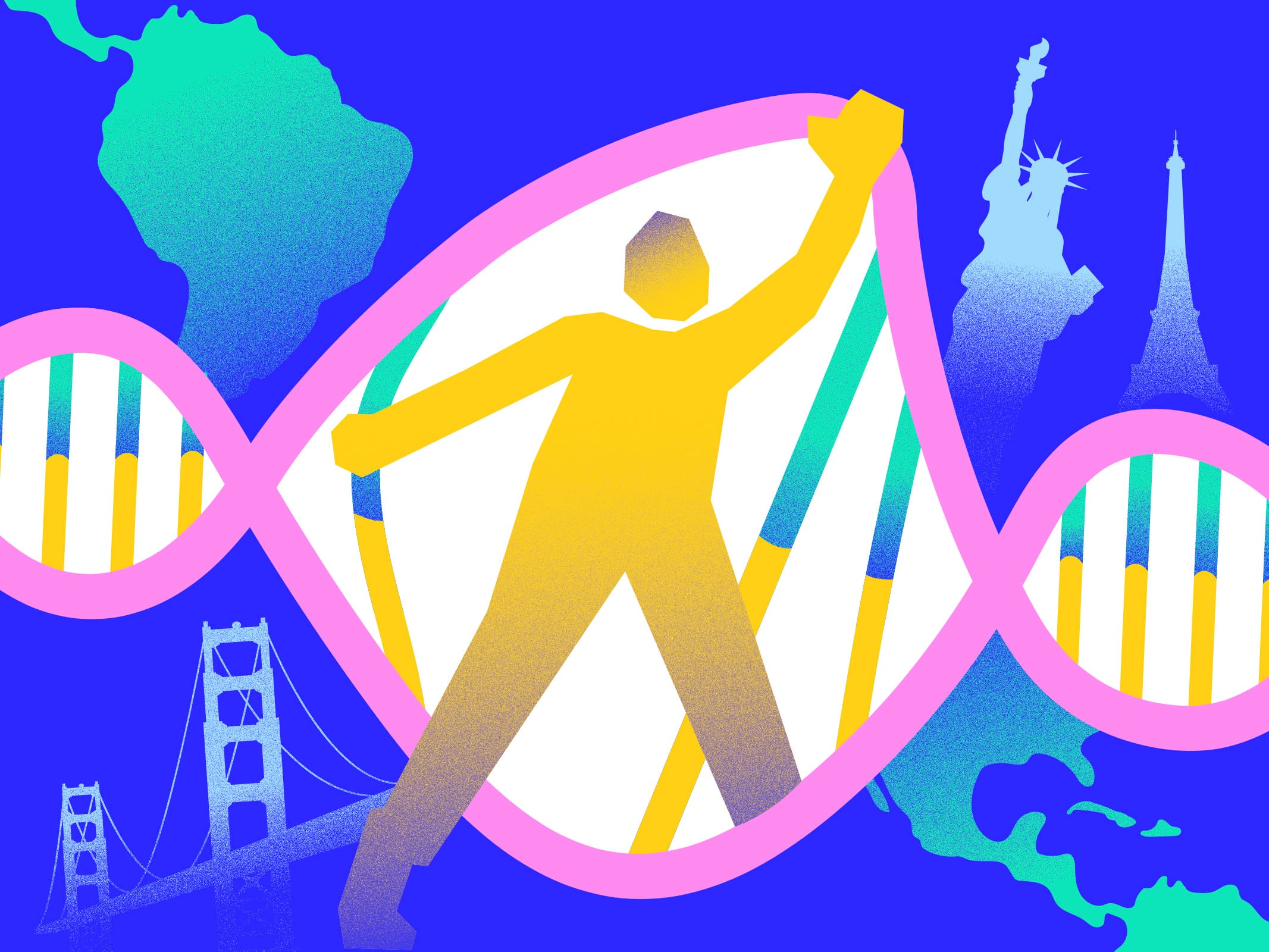 A yellow human figure holds a pink DNA double helix on a blue background with world landmarks and a map of South America.