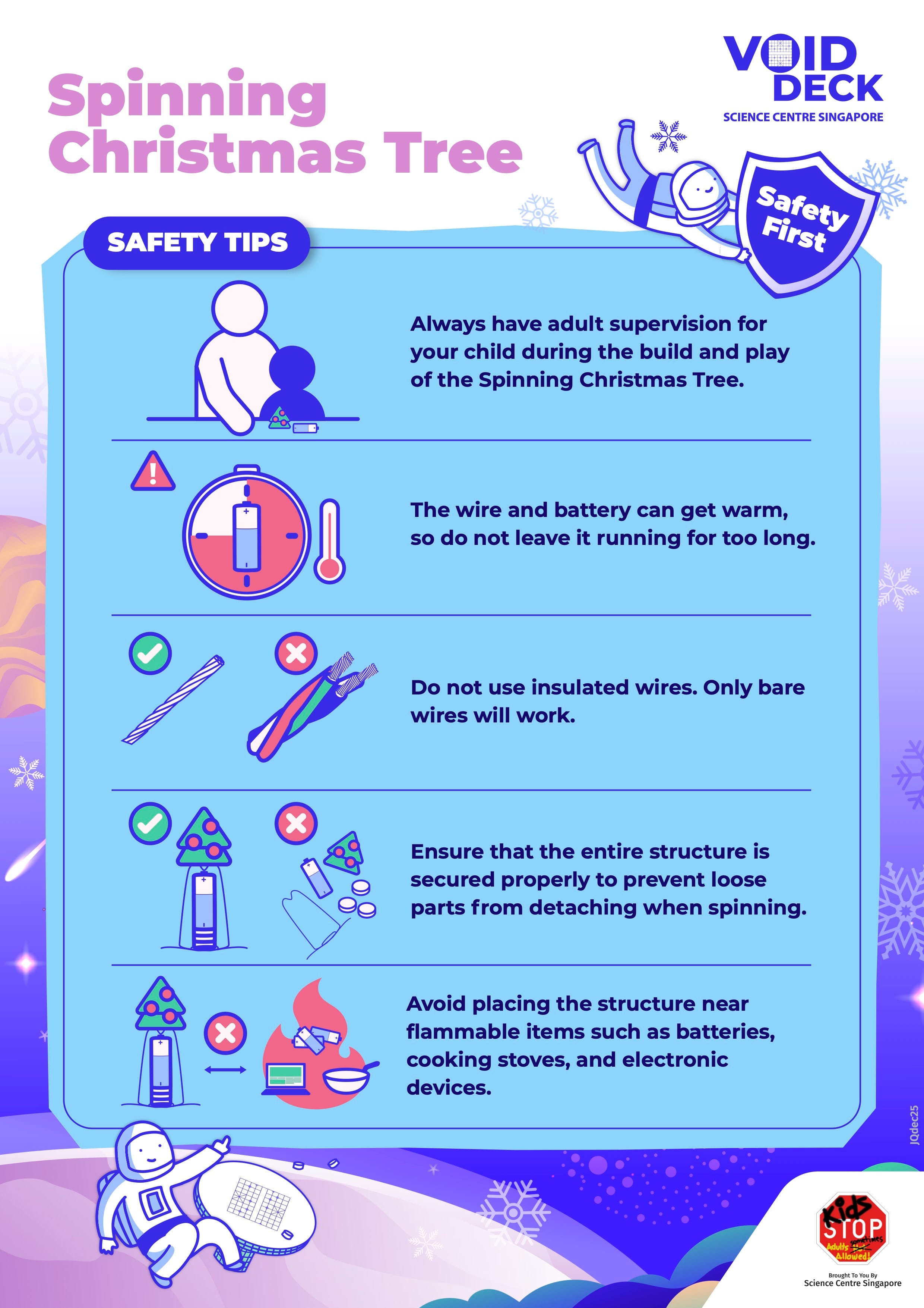 Safety tips poster for a Spinning Christmas Tree activity, listing five illustrated rules about supervision and fire hazards.