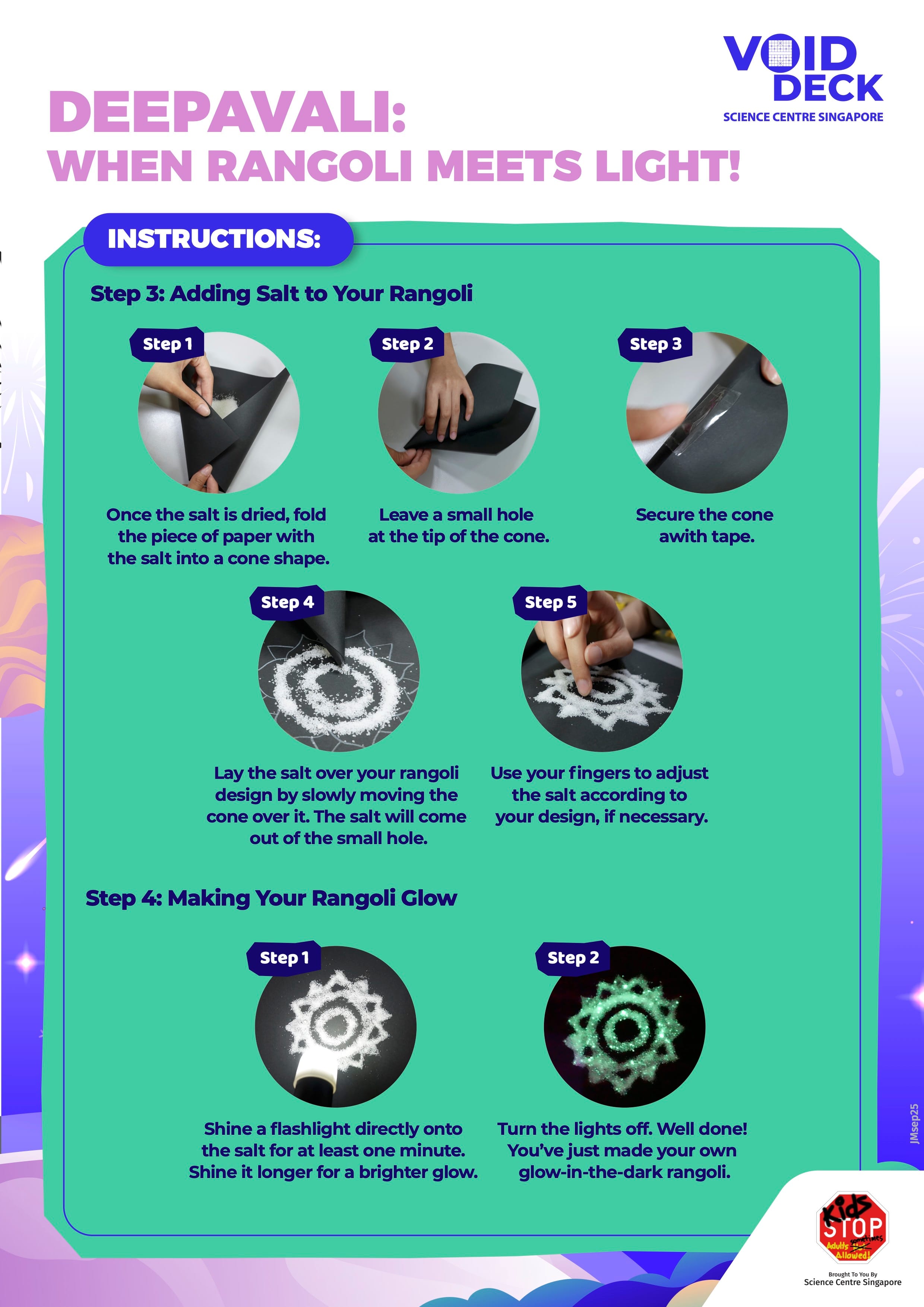 Step-by-step illustrated instructions for making a glow-in-the-dark salt rangoli, from Science Centre Singapore.