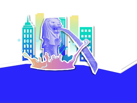 Colorful illustration of Singapore's Merlion statue with city buildings in teal and blue tones on a blue background.