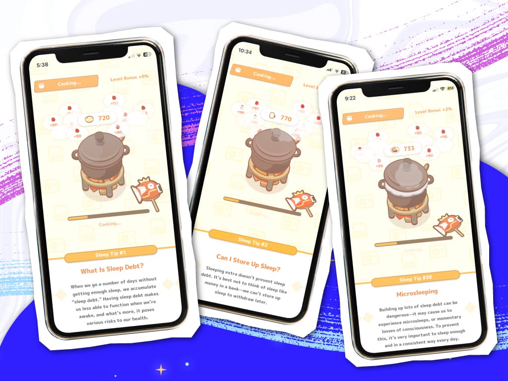 Three phone screens show a cooking game app with sleep tips about sleep debt, storing sleep, and microsleeping.