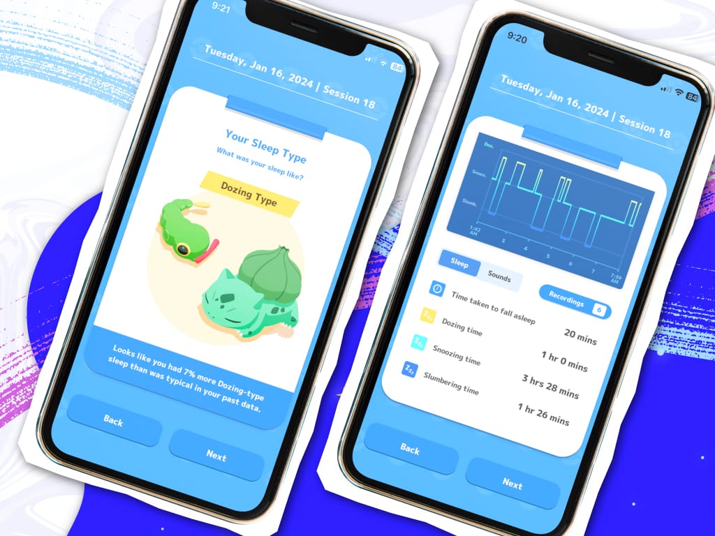 Two phone screens show a Pokemon sleep tracking app with sleep type results and a sleep chart for Jan 16, 2024.