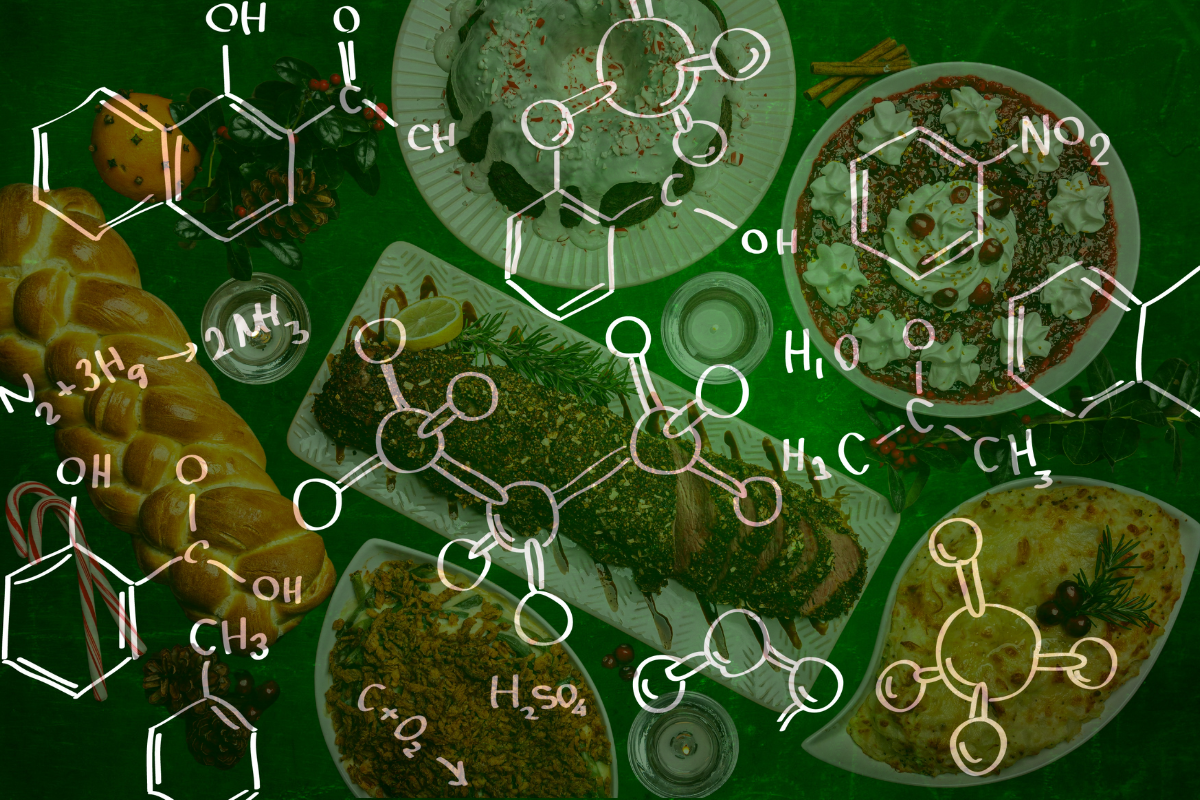 Various holiday dishes on a green table overlaid with white drawn chemical structure diagrams and formulas.