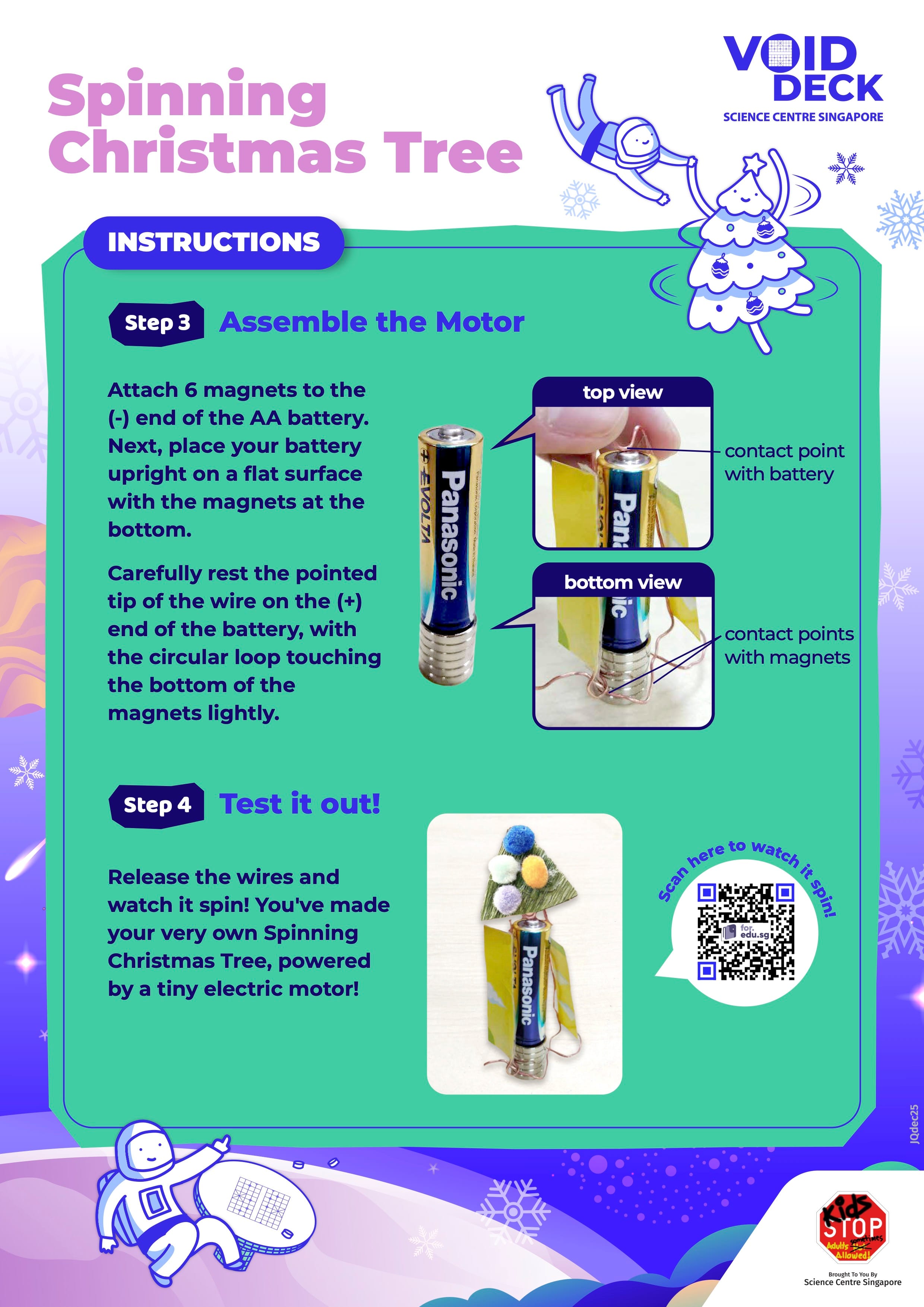 Instructions poster for a Spinning Christmas Tree craft using a Panasonic AA battery, magnets, and wire to make a motor.
