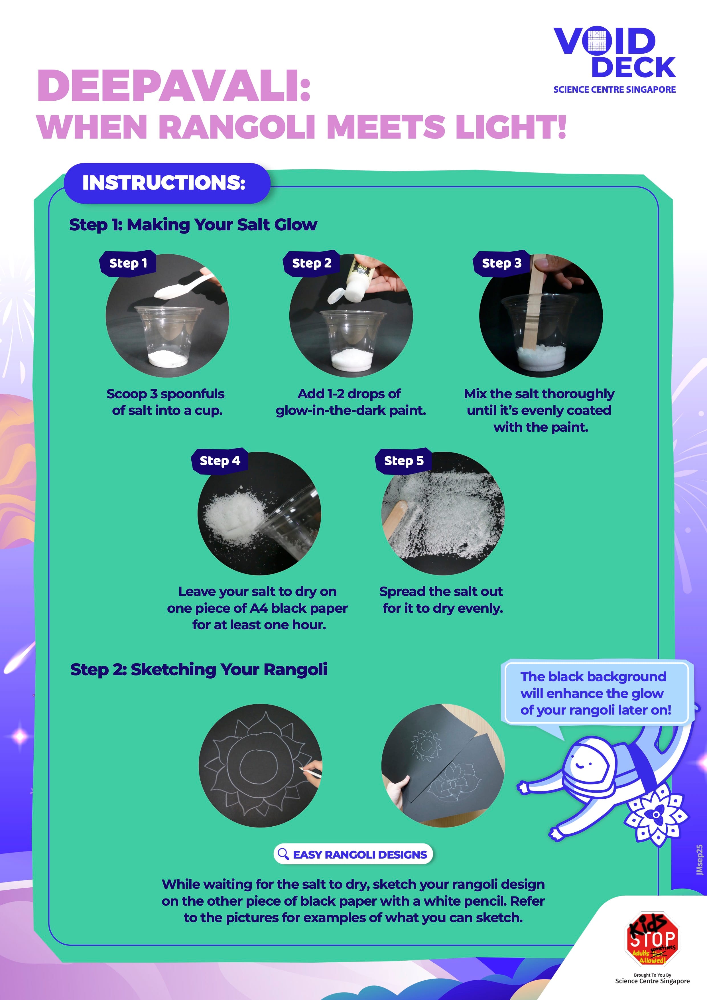 Step-by-step craft guide from Science Centre Singapore showing how to make glowing rangoli using salt and glow-in-the-dark paint.