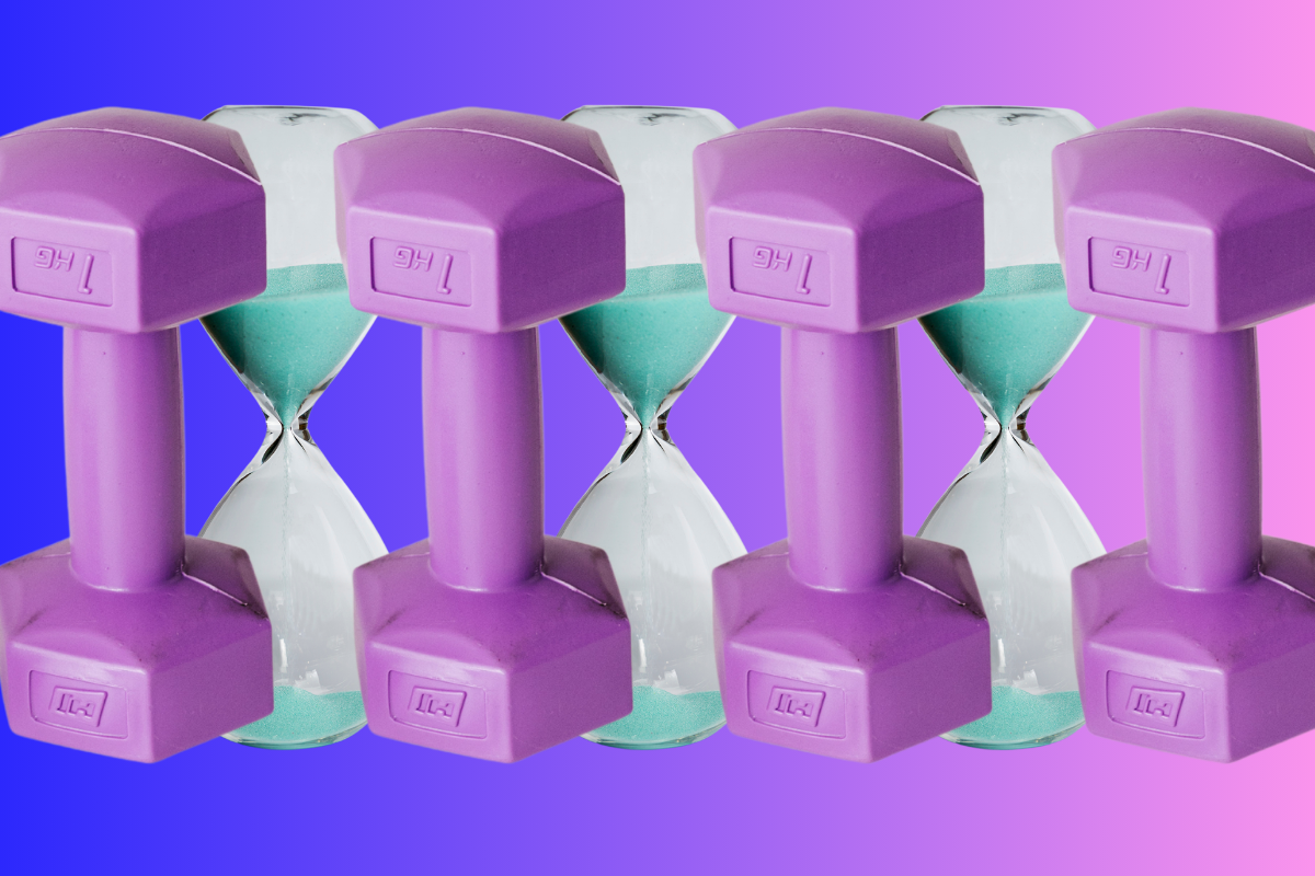 Purple dumbbells with hourglass timers merged into them, repeated in a row on a blue-to-pink gradient background.