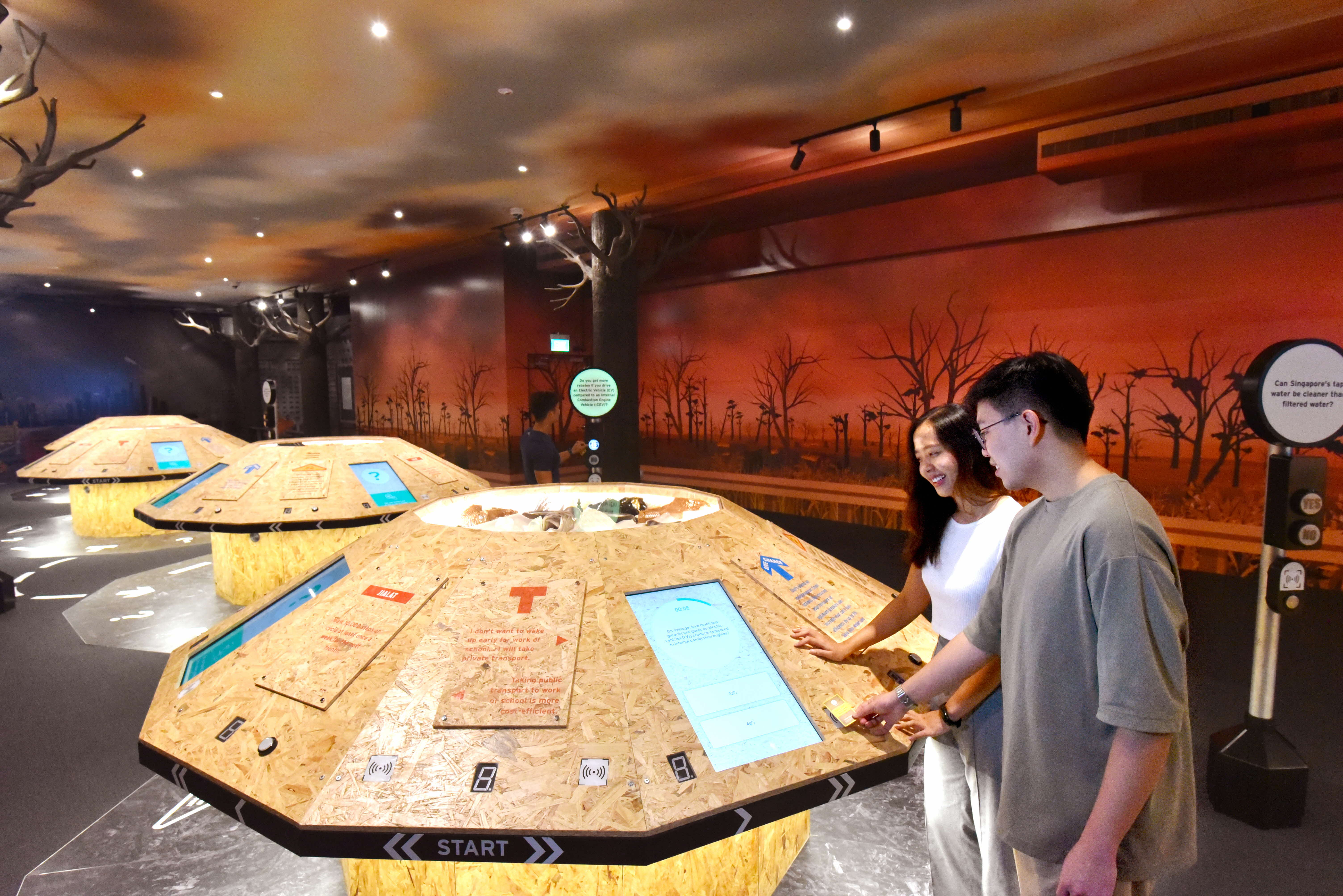 Two visitors interact with octagonal wooden interactive kiosks in a museum exhibit with a burnt forest mural backdrop.