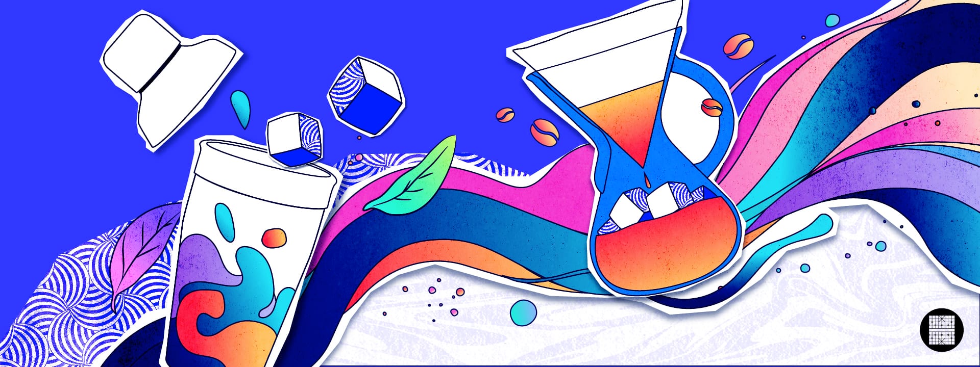 Colorful illustrated banner with coffee cups, ice cubes, coffee beans, and swirling waves on a blue background.