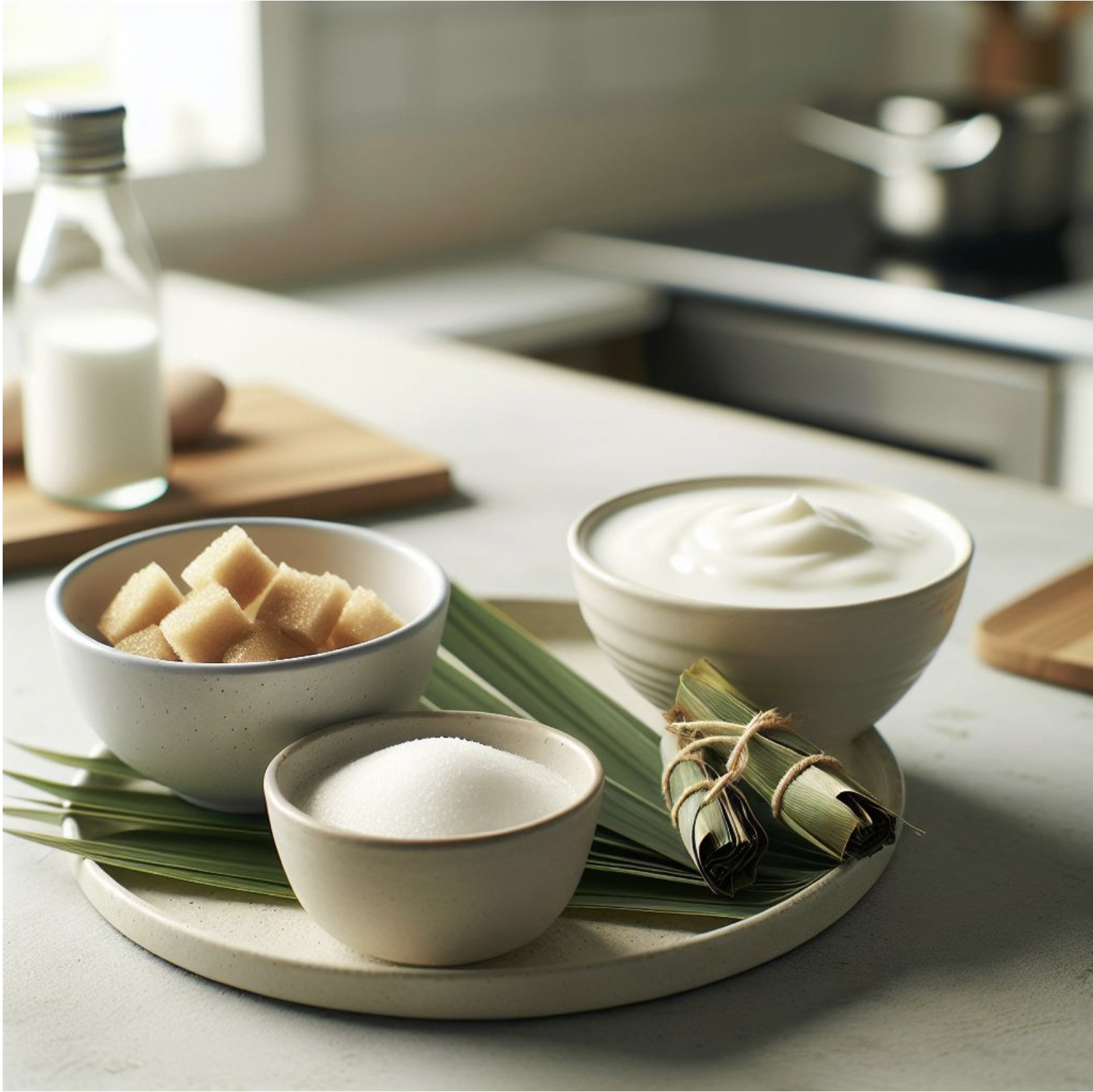 Three white ceramic bowls holding sugar cubes, white granulated sugar, and cream, on a tray with pandan leaves.