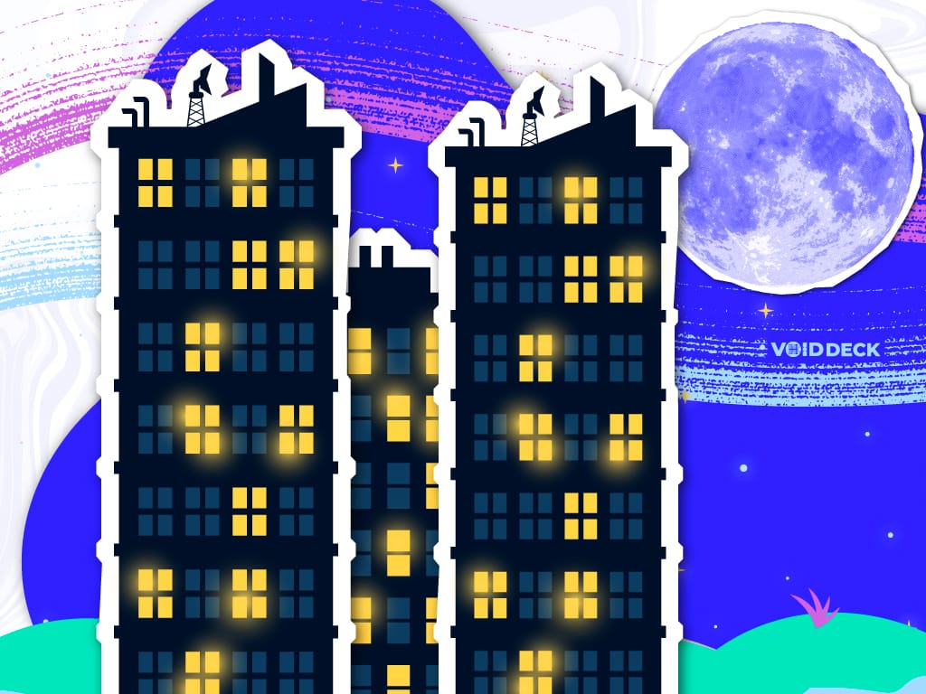 Three dark illustrated apartment buildings with glowing yellow windows against a colorful night sky with a large moon.