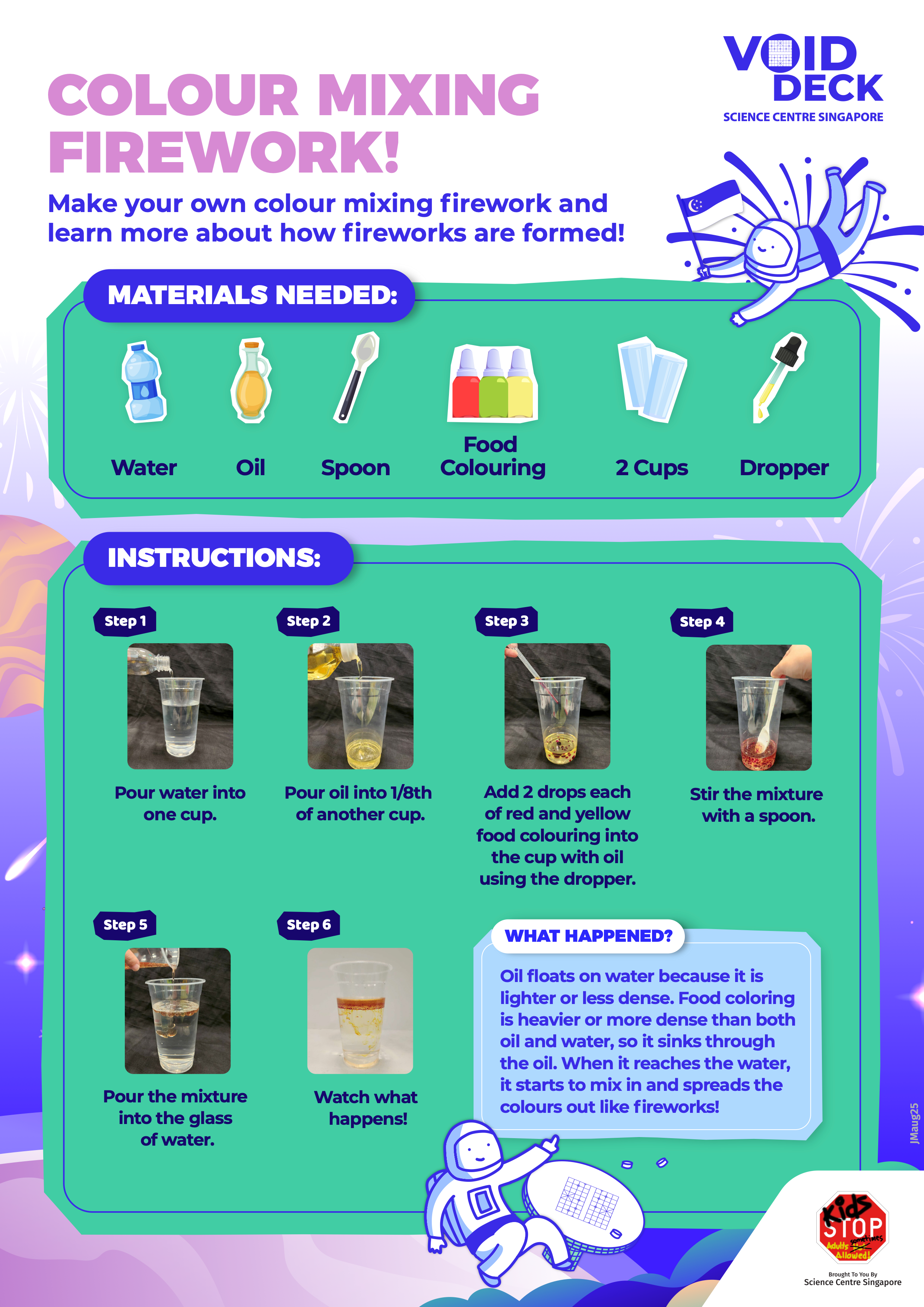 Six-step illustrated guide titled Colour Mixing Firework showing materials and instructions using water, oil, and food colouring.