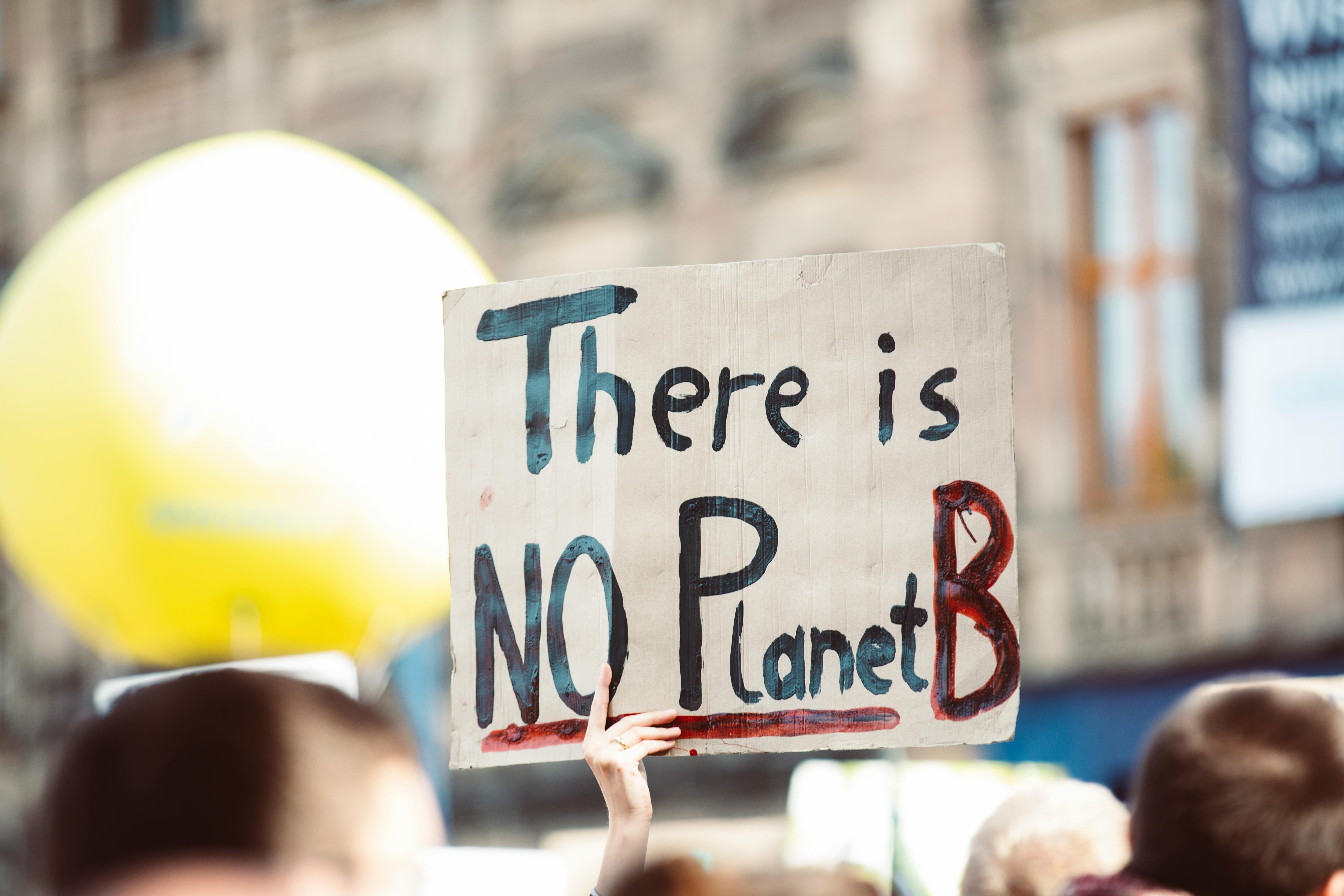 A hand holds a cardboard sign reading "There is NO Planet B" at an outdoor protest, with a yellow balloon nearby.