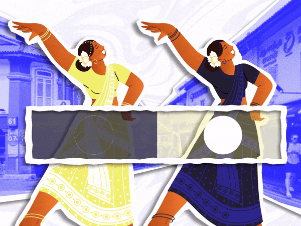 Two illustrated women in colorful sarees perform classical Indian dance with arms raised on a blue background.