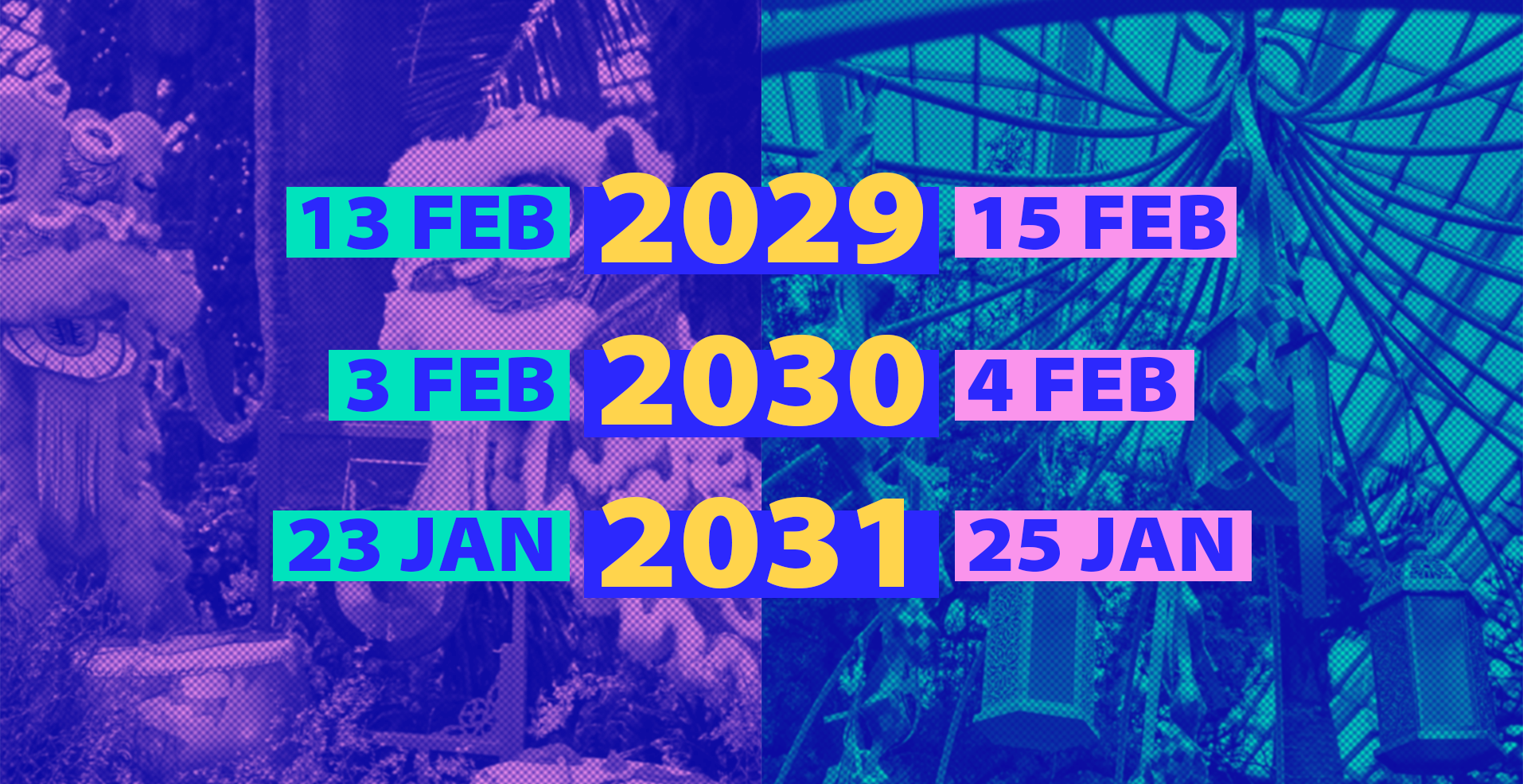 Colorful text shows date ranges for years 2029, 2030, and 2031 over blue and teal tinted backgrounds.