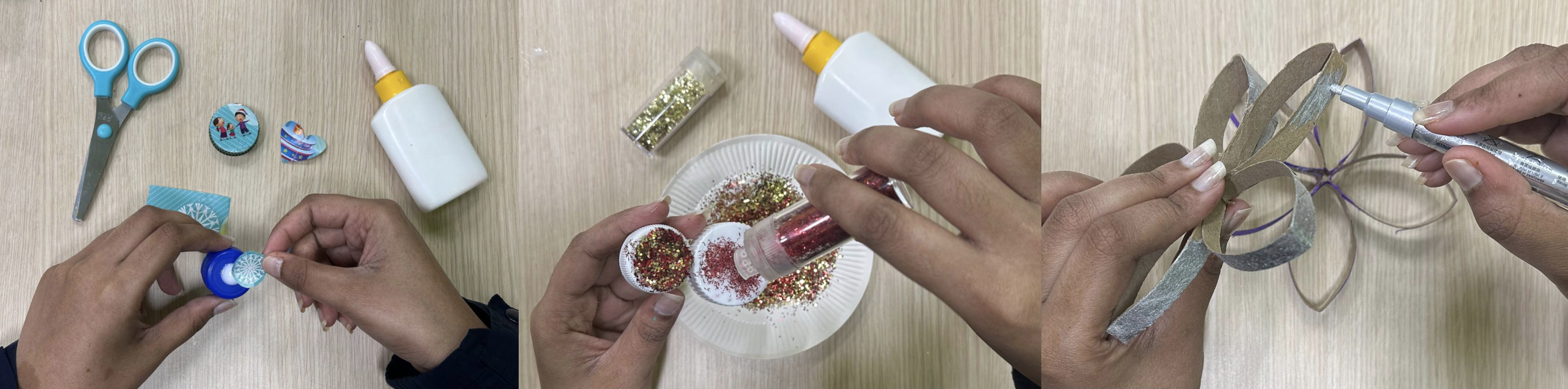 Image of glueing parts, using glitter, and colouring the paper rolls.