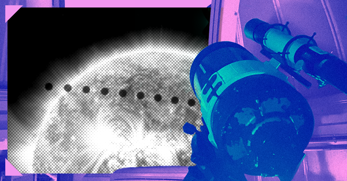 A blue-tinted telescope points toward a grainy black-and-white moon photo showing a row of dark dots across its surface.