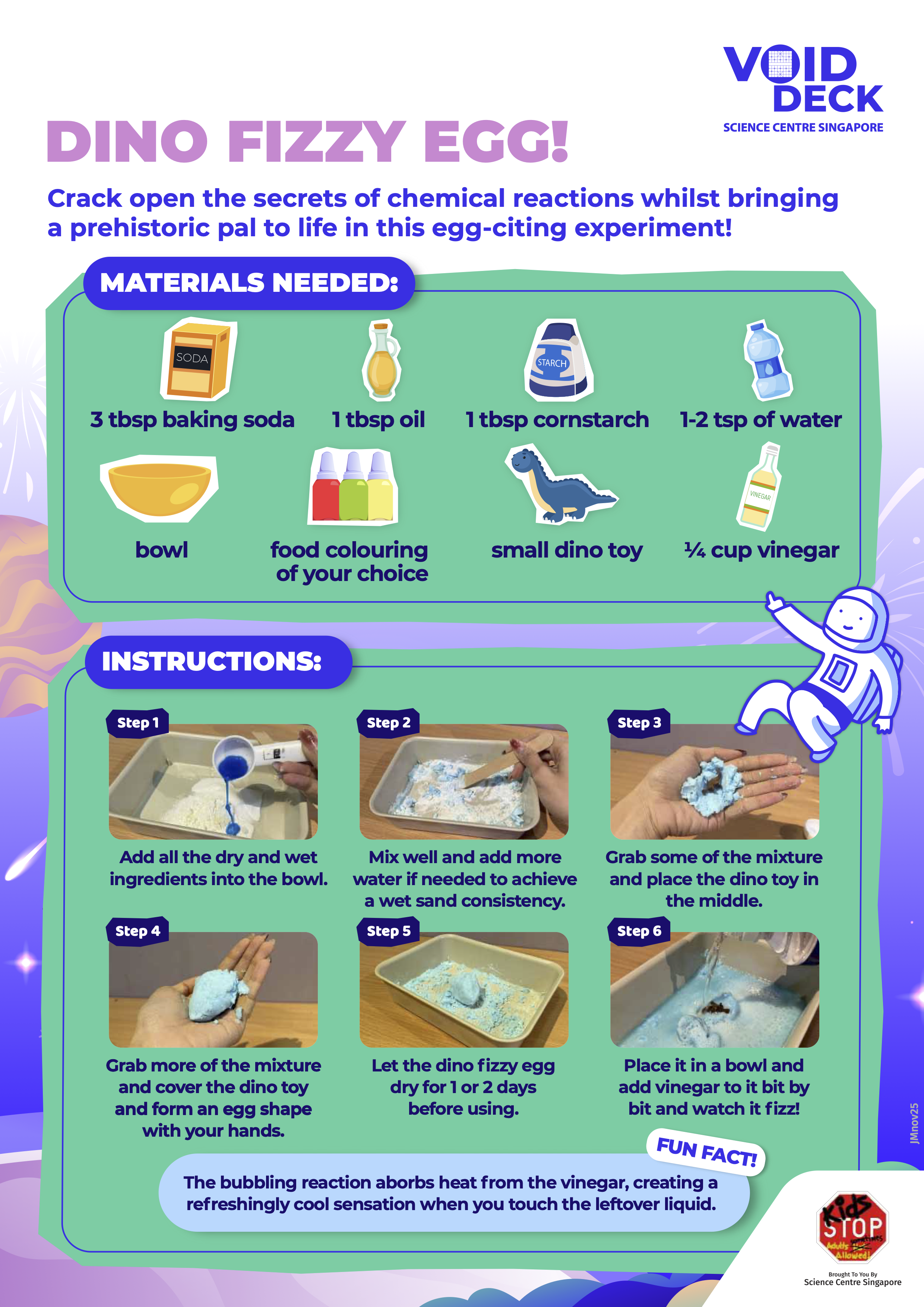 Colorful instructional poster for a Dino Fizzy Egg experiment with materials list and six photo steps.