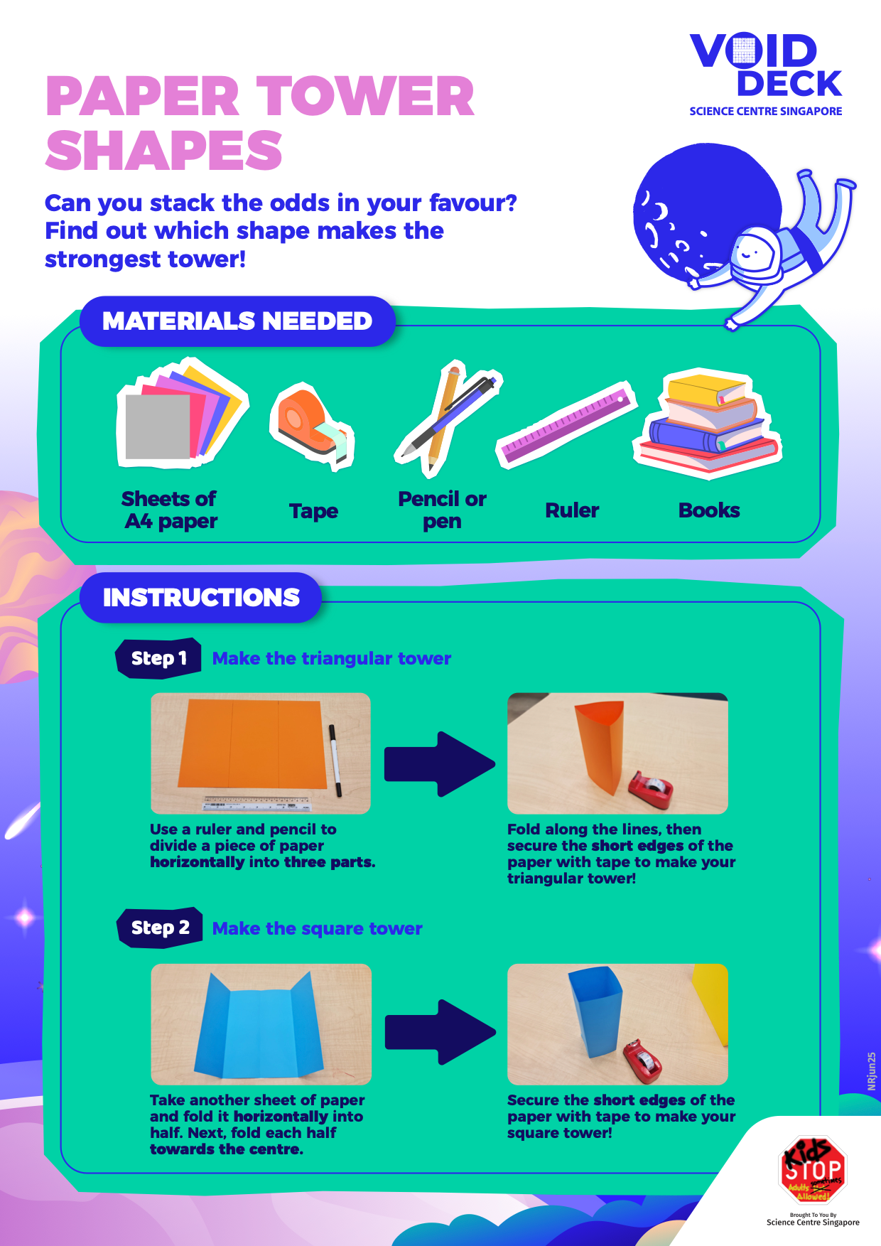 Colorful instructional poster titled Paper Tower Shapes showing materials and steps to fold paper into triangular and square towers.