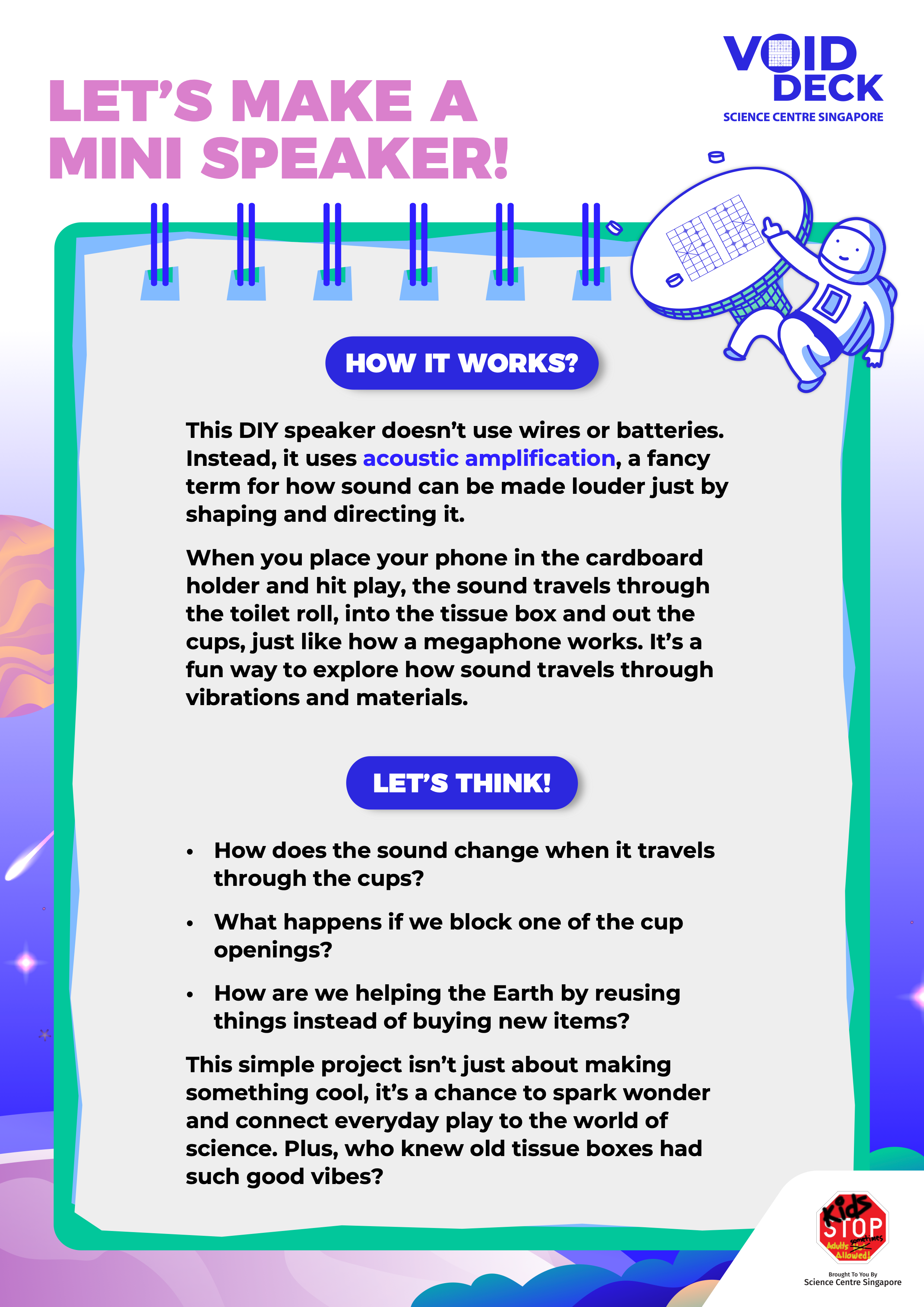 Science Centre Singapore flyer titled "Let's Make a Mini Speaker" explaining acoustic amplification with a cartoon astronaut.