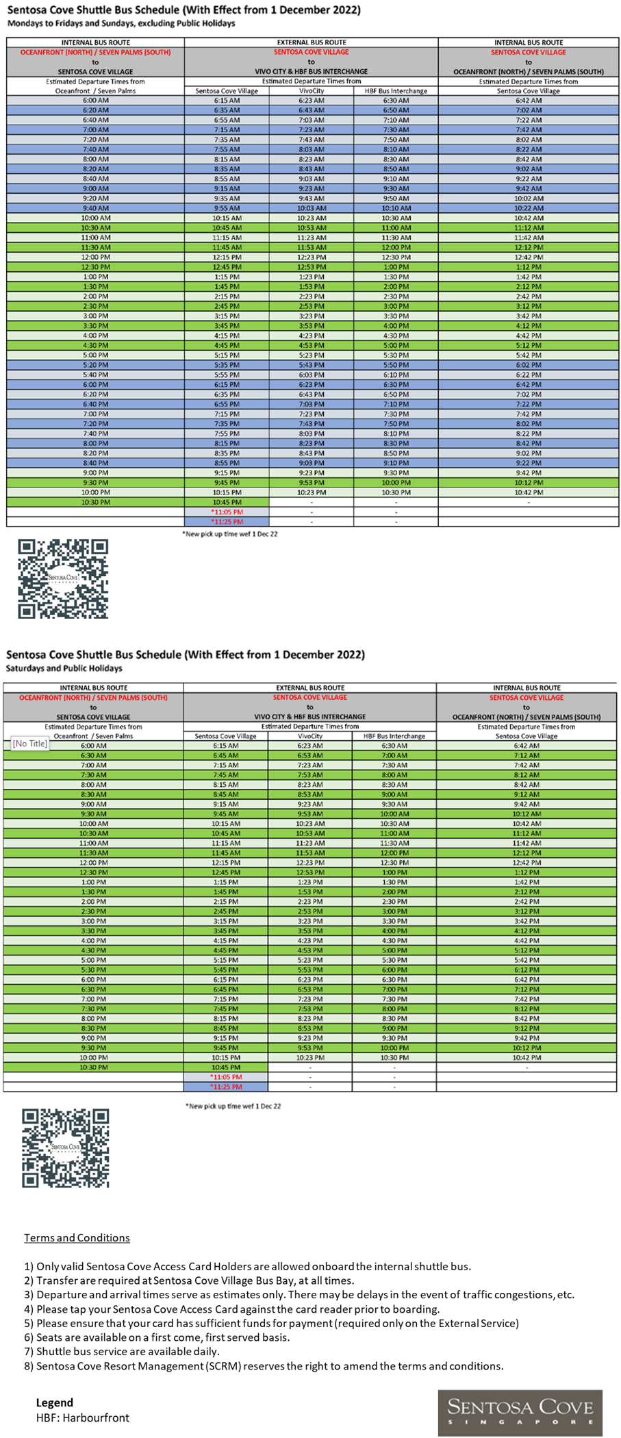 Sentosa Cove Shuttle Bus Schedule from 1 December 2022 showing timetables and terms and conditions.