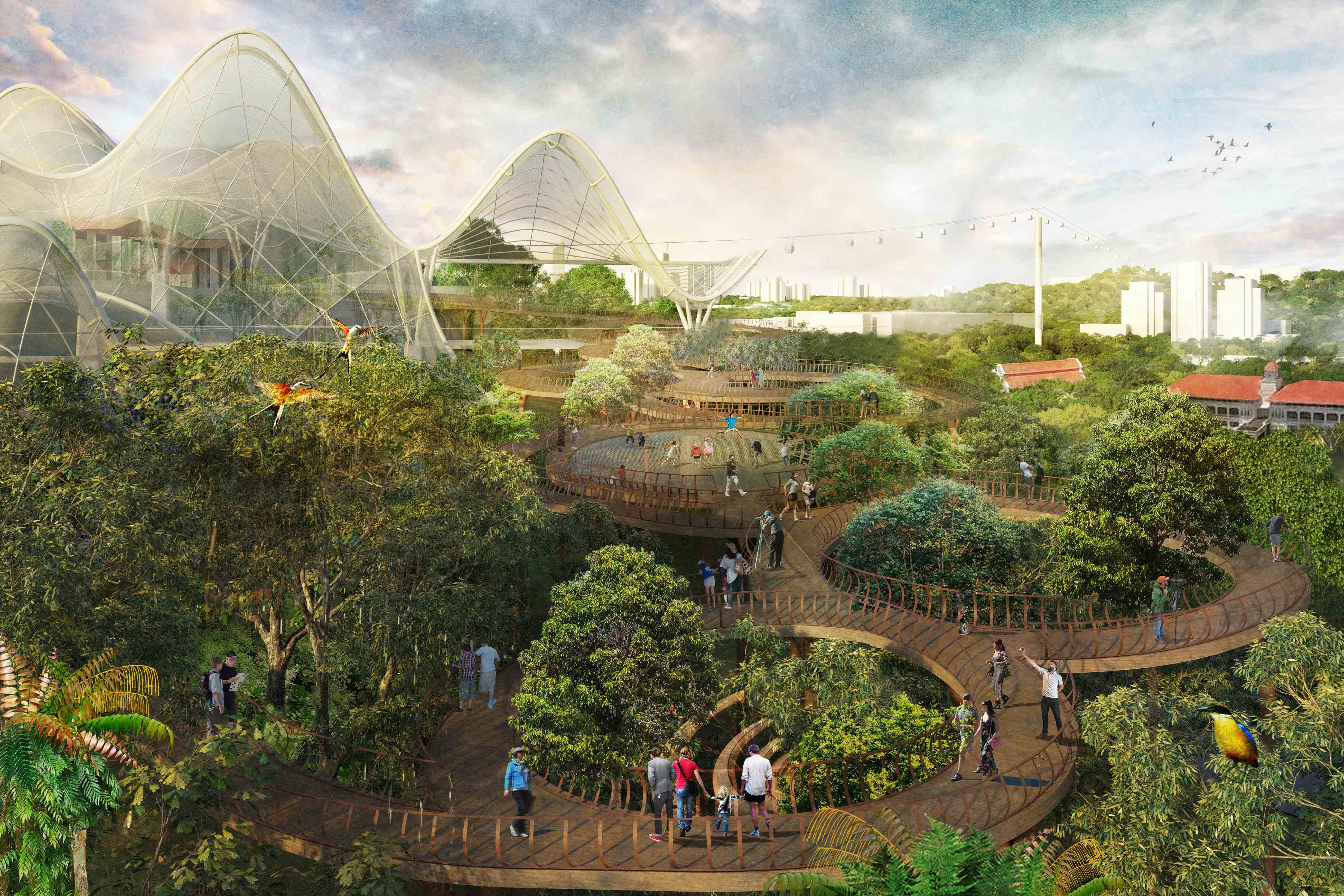 Architectural rendering of winding elevated wooden walkways through a lush green park with wave-shaped glass domes.