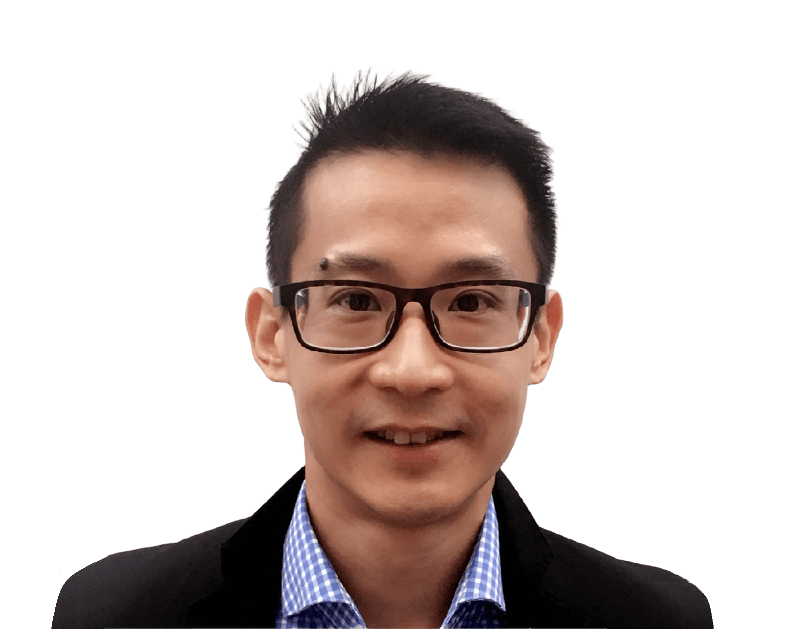 A smiling man with black rectangular glasses, short dark hair, wearing a blue checked shirt and dark blazer.