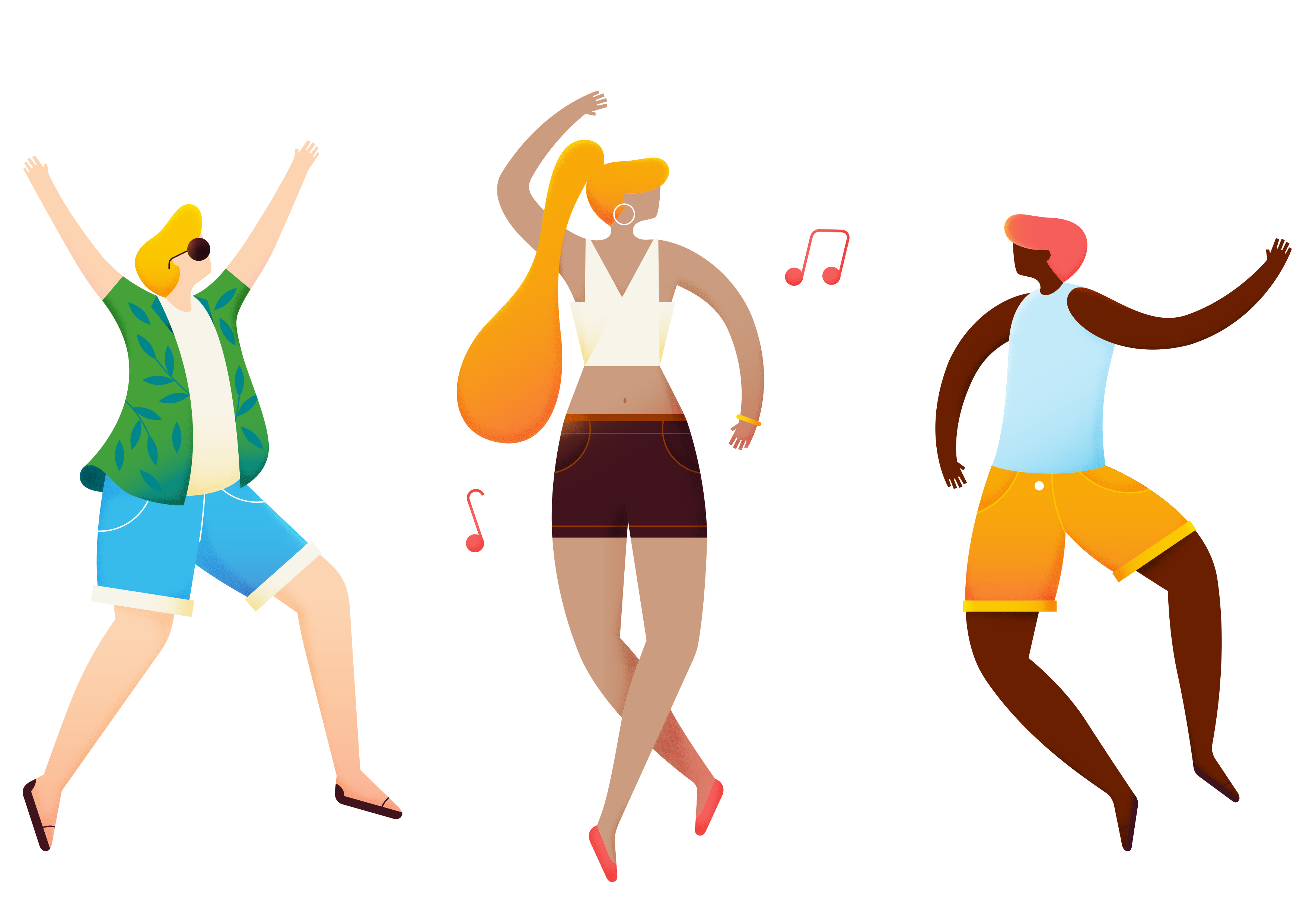 Three illustrated figures in summer clothes dancing joyfully, with musical notes floating nearby.