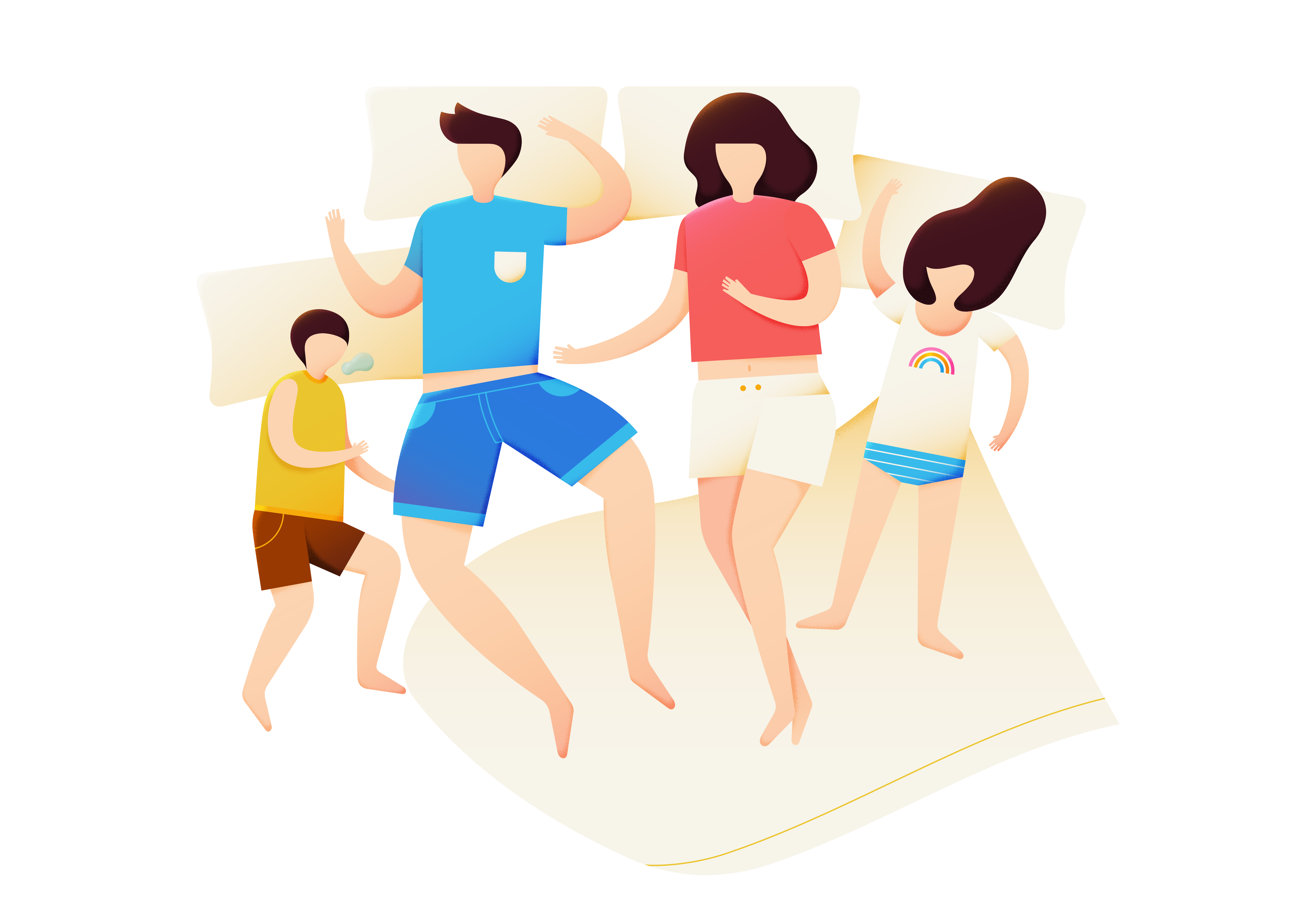 Illustrated family of four sleeping in a bed, two adults and two children with pillows, viewed from above.