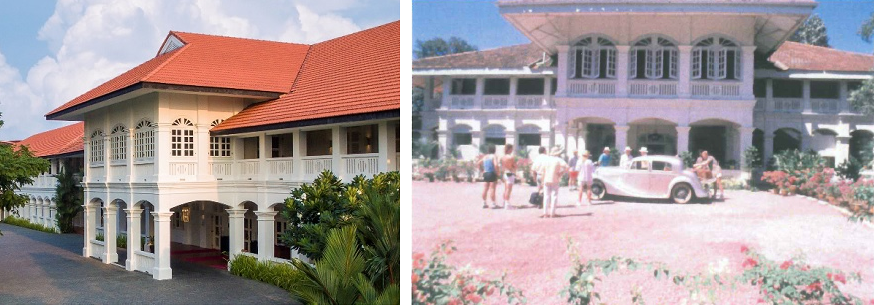 Two photos of a colonial-style building with red roof; one modern, one vintage showing people and a classic car outside.