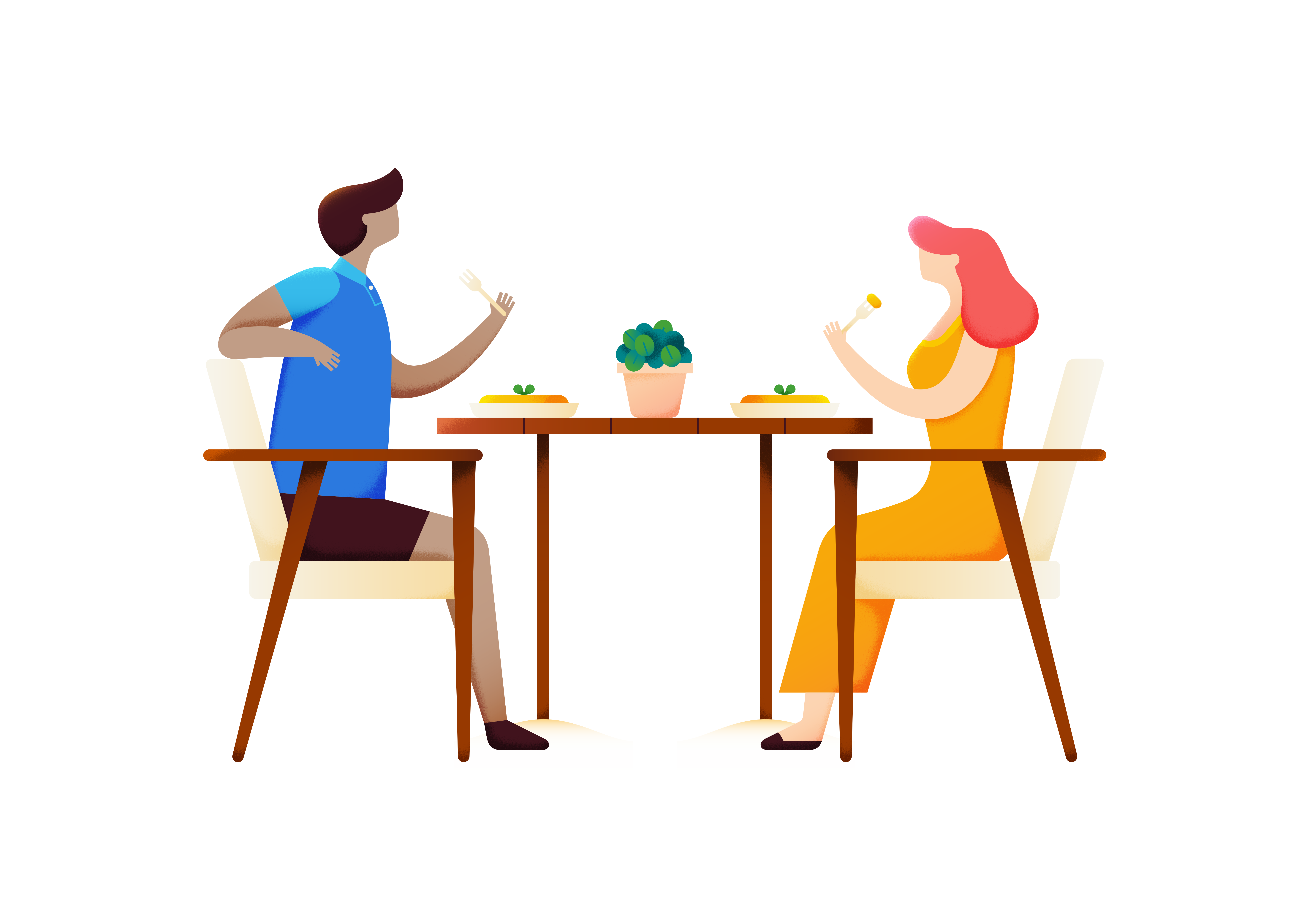 Two illustrated people sitting across a wooden dining table with plates and a potted plant, holding forks.