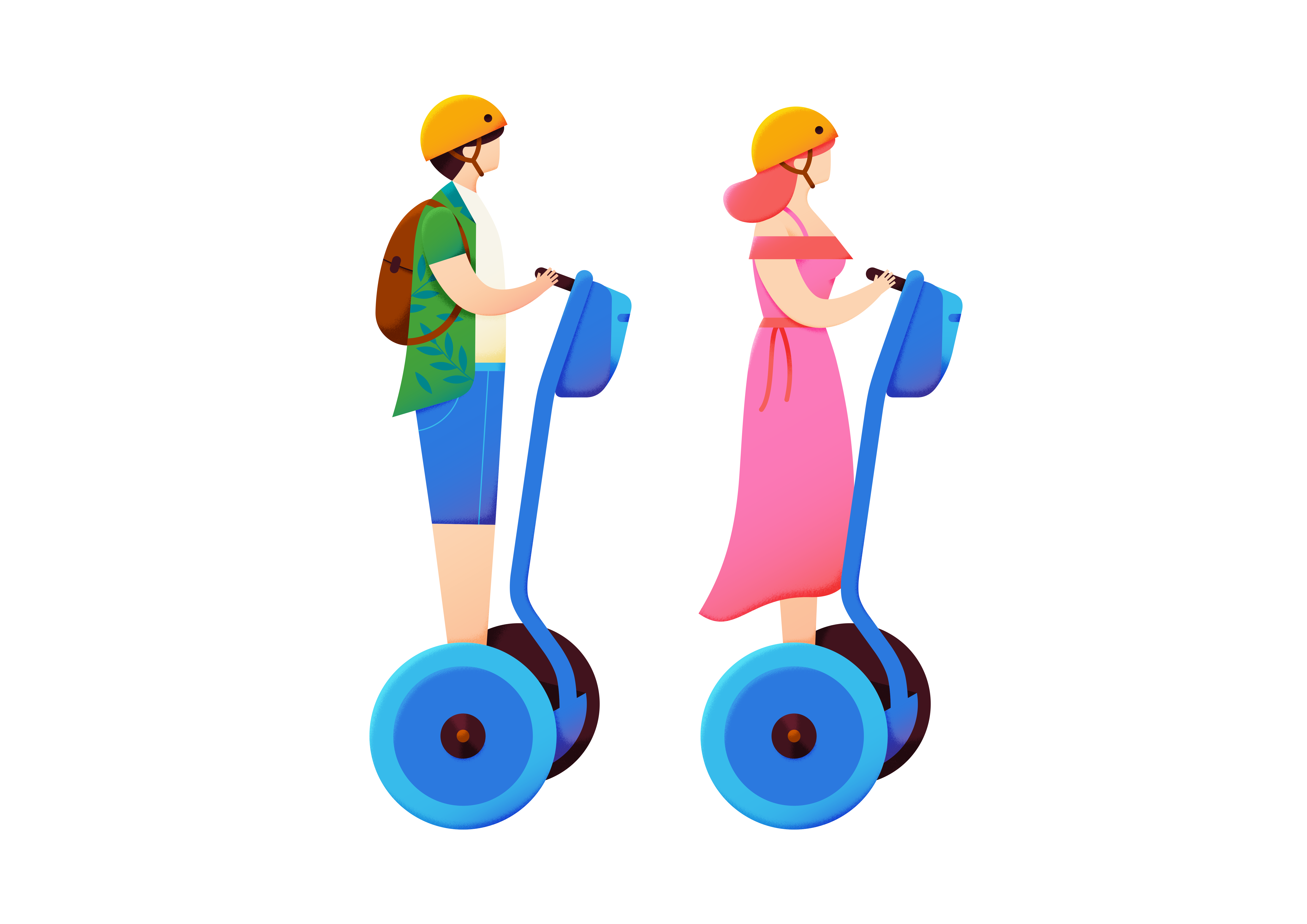 Two illustrated people wearing yellow helmets ride blue segways, one in a green shirt and one in a pink dress.
