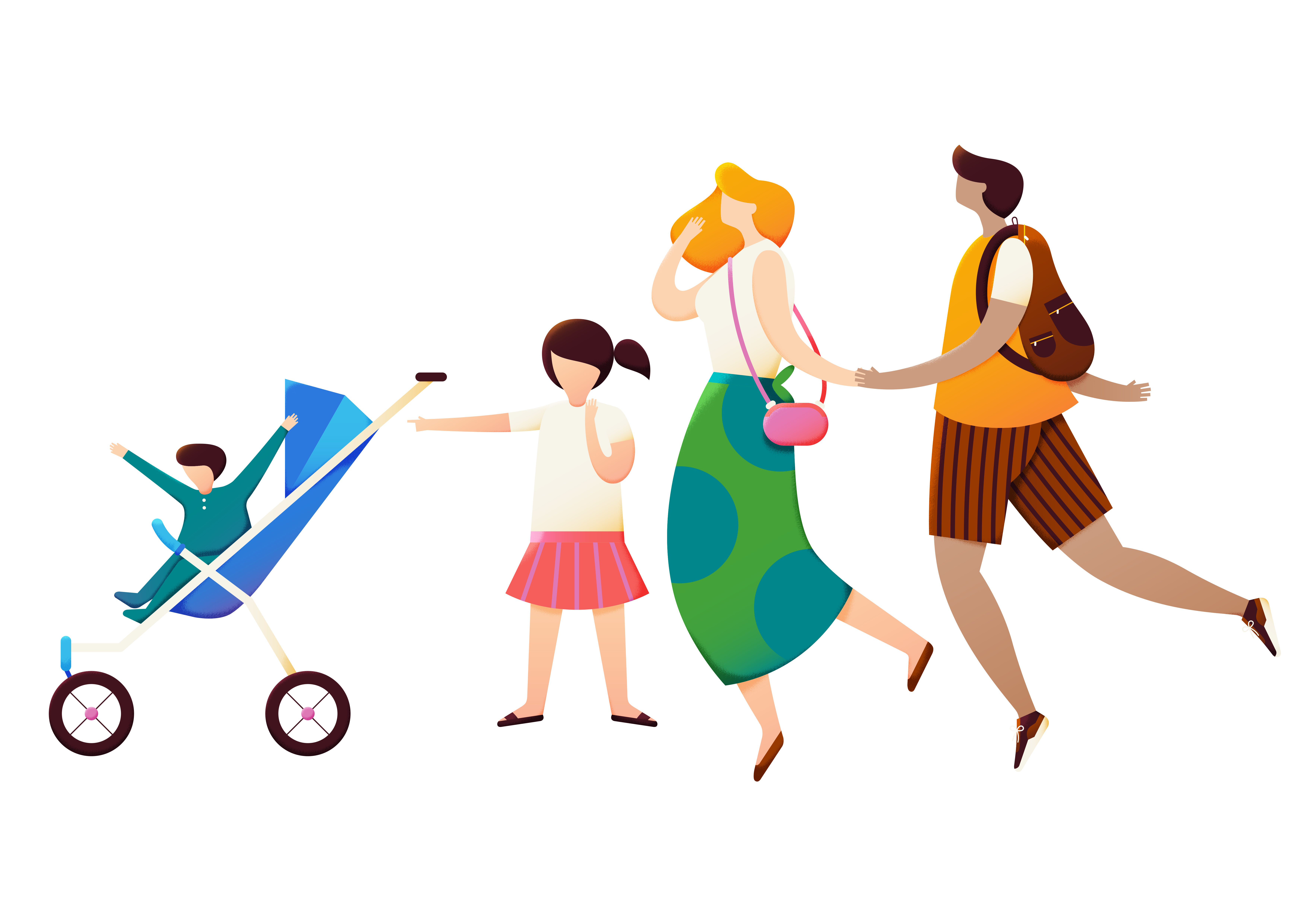 Flat illustration of a family walking, with two parents, a young girl, and a toddler in a blue stroller.