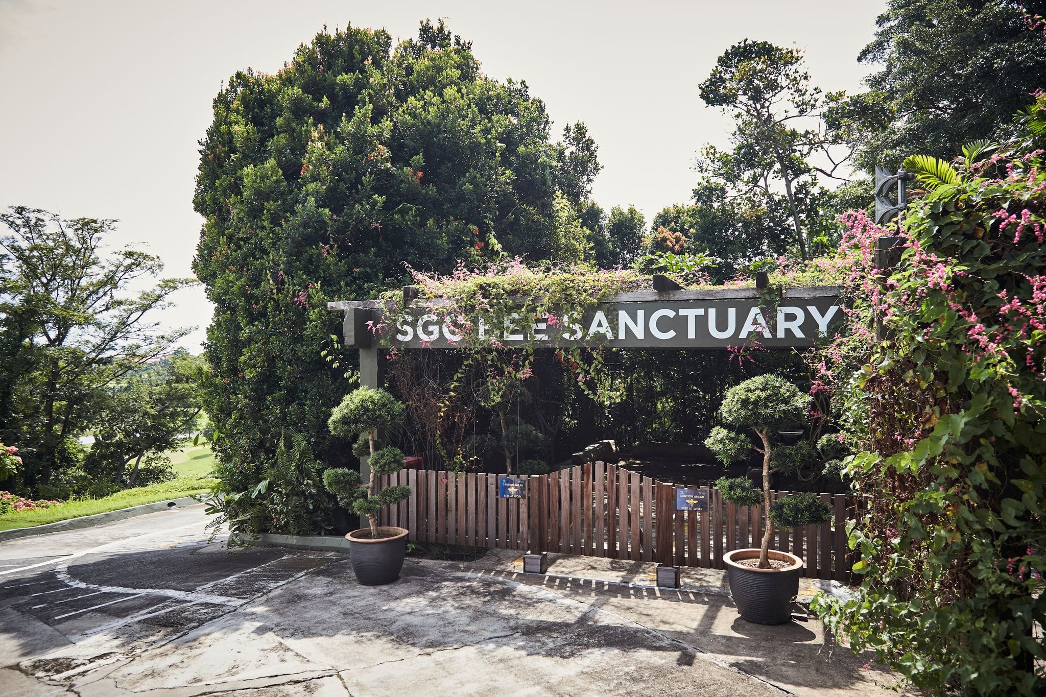 Entrance gate with "SGC Bee Sanctuary" sign, surrounded by lush trees, pink flowers, and potted topiary shrubs.