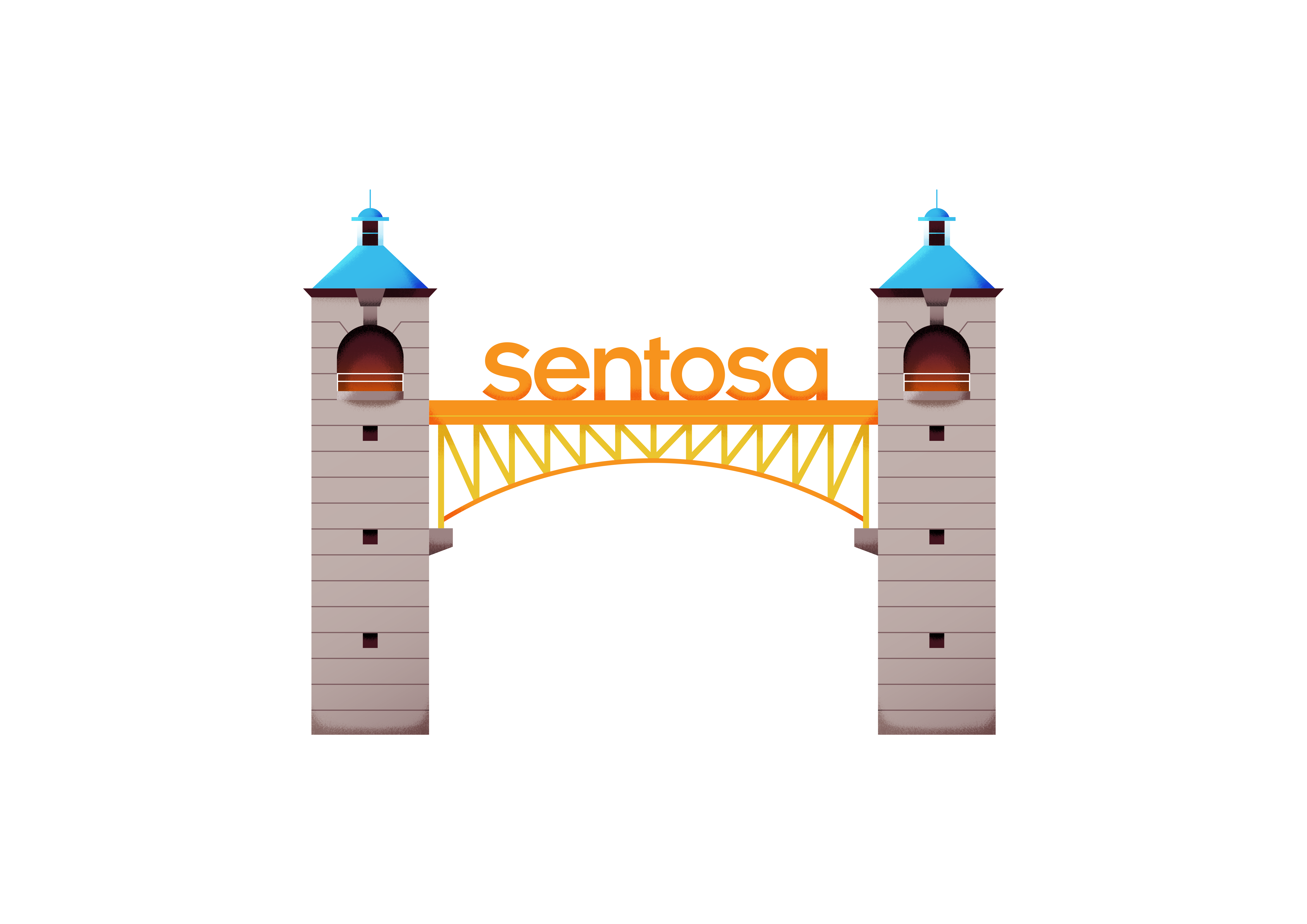 Illustrated Sentosa gateway with two stone towers, blue rooftops, and an orange arched bridge bearing the word Sentosa.