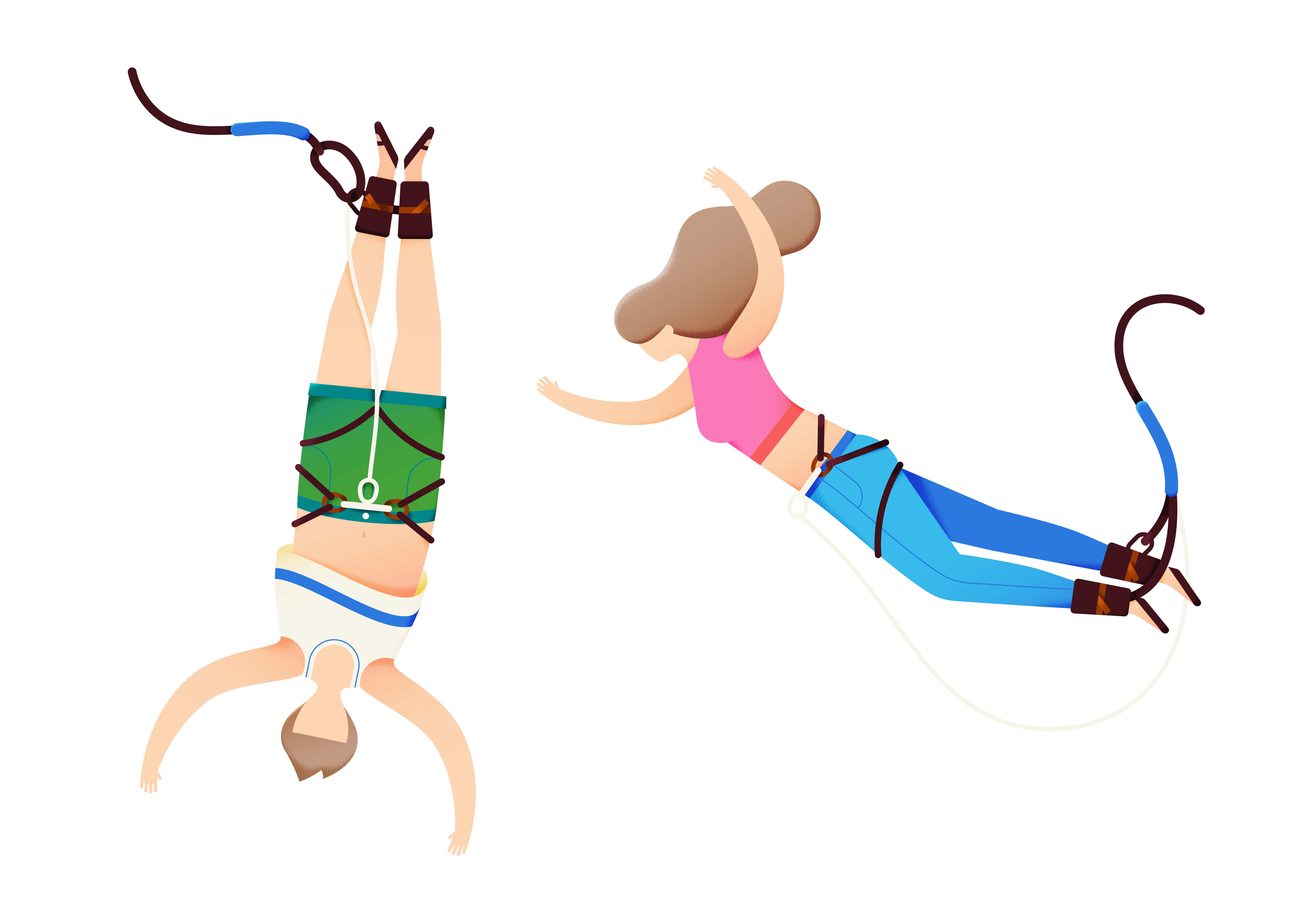 Two cartoon people bungee jumping, one hanging upside down and one suspended horizontally with harness cords.