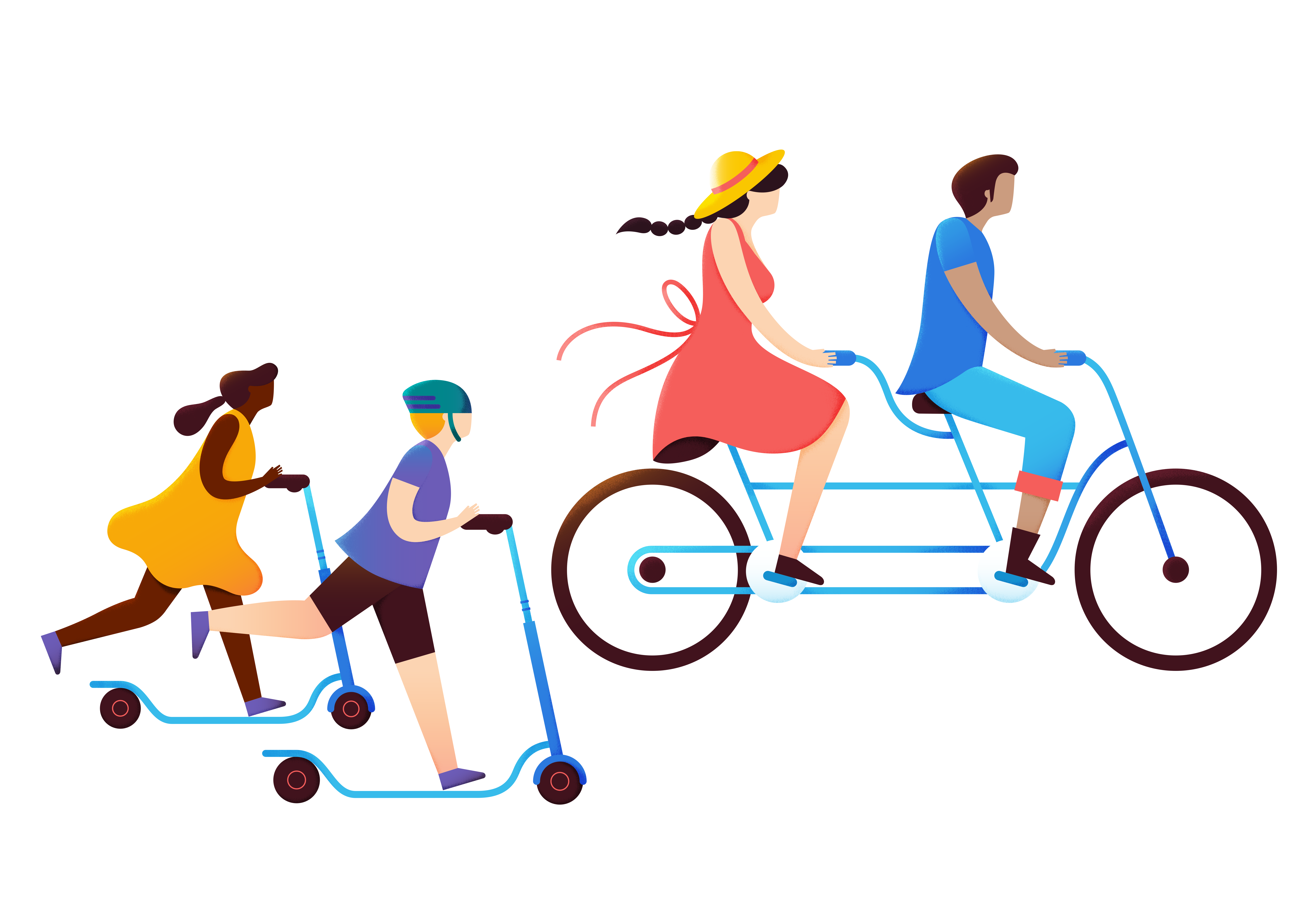 Four illustrated people riding outdoors: two children on kick scooters and two adults on a tandem bicycle.