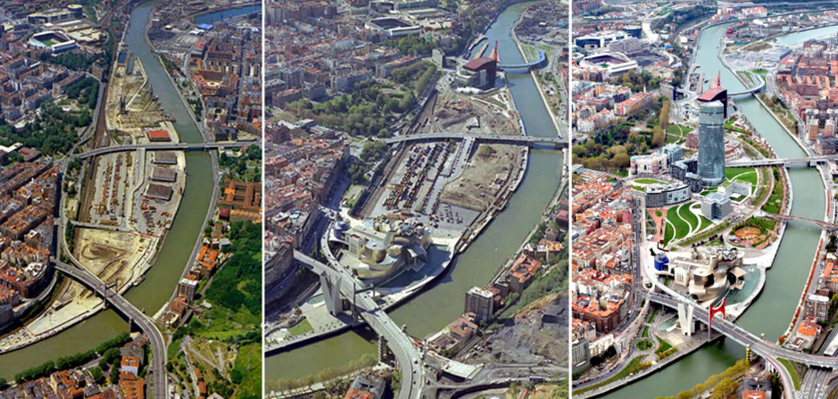 Aerial shot of Abandoibarra evolution over the years.