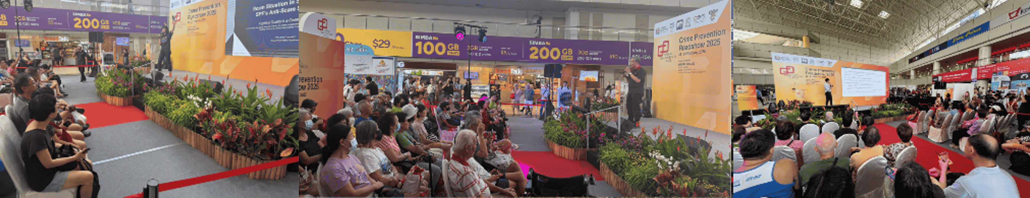 A large indoor crowd sits on chairs watching a speaker at a Crime Prevention 2025 event with banners and displays.