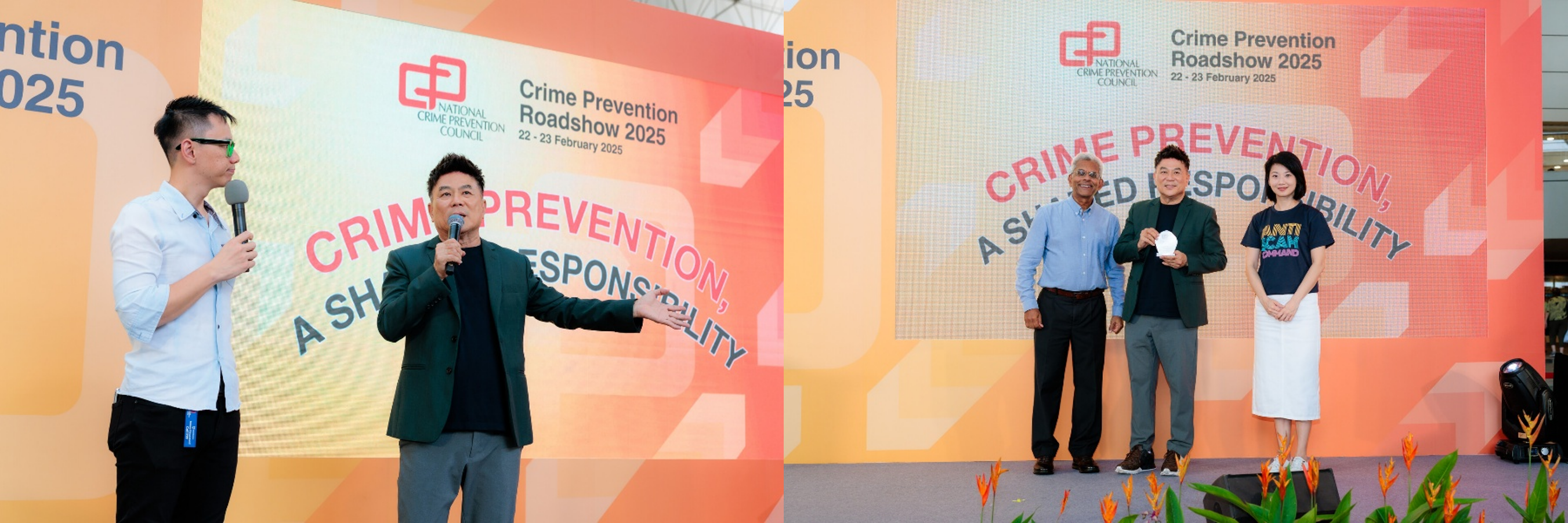 Speakers on stage at Crime Prevention Roadshow 2025, one holding a mic; three others stand by a banner.