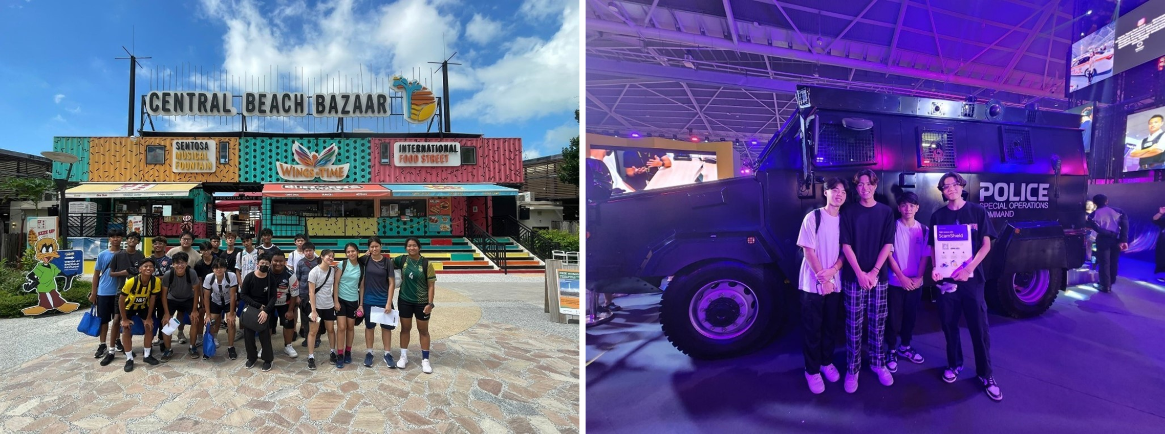 Group poses at Central Beach Bazaar; second photo shows four by a police armored vehicle under purple lights.