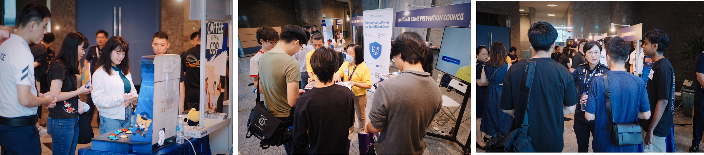 Three panels show attendees at a National Crime Prevention Council event with booths and a Coffee with a Cop display.