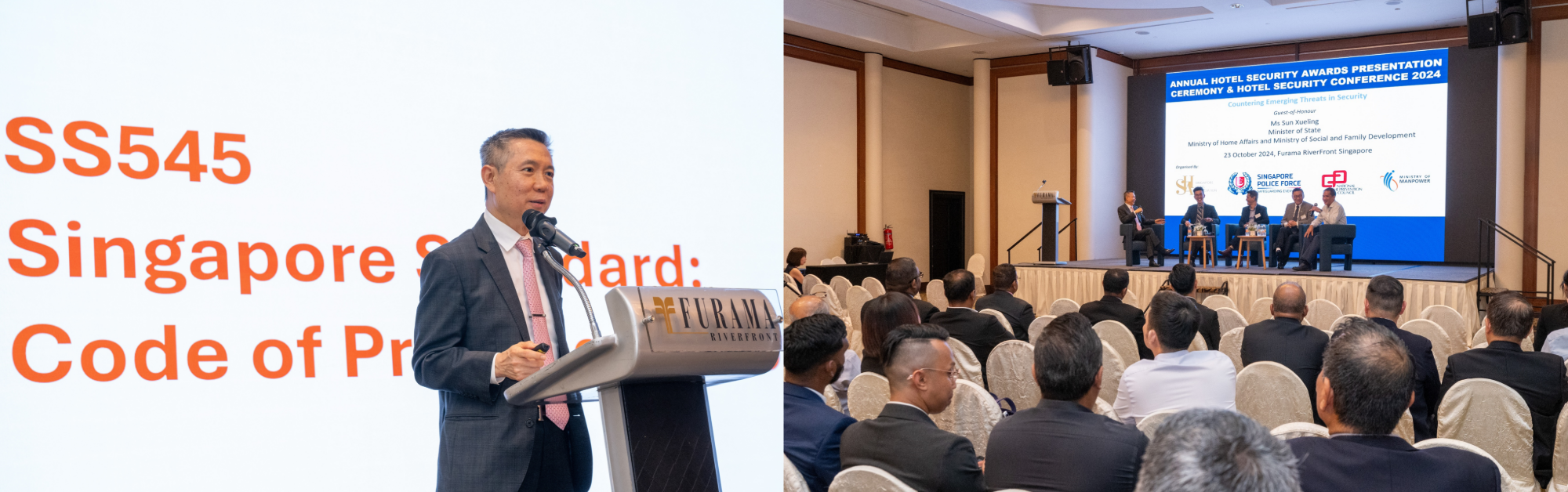 Man speaking at Furama Riverfront podium beside a packed conference room at Hotel Security Conference 2024.