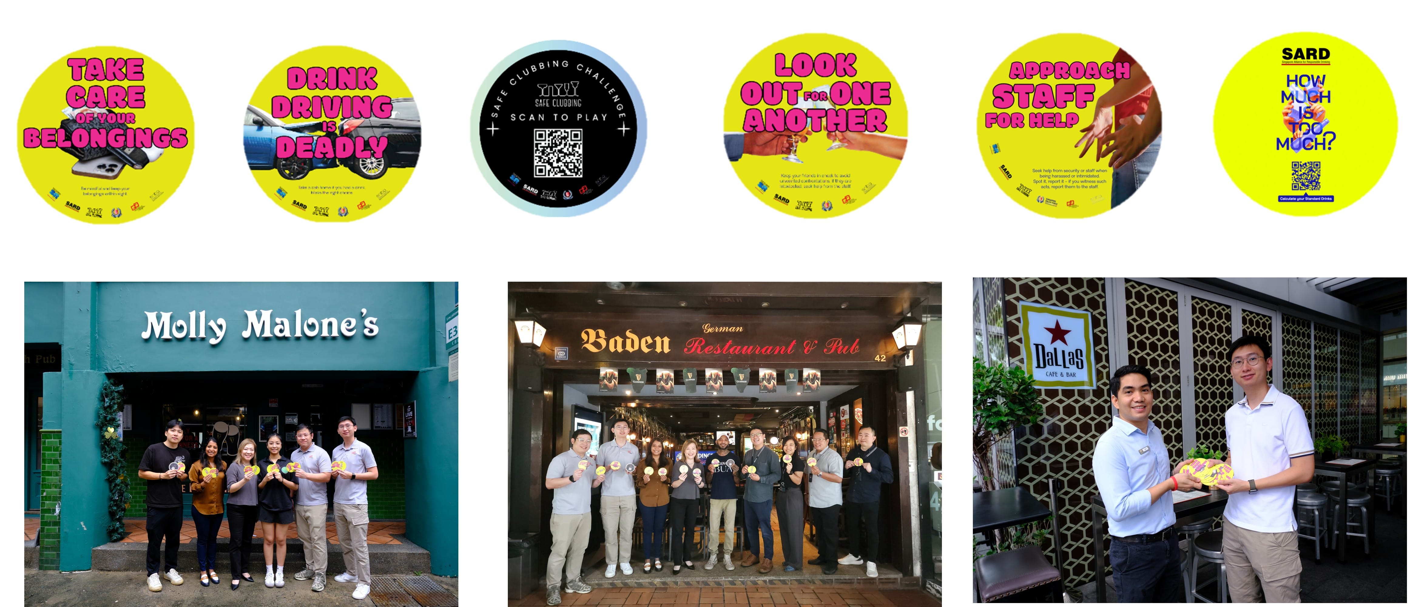 Six yellow safety stickers and three photos of groups holding coasters outside Molly Malone's, Baden, and Dallas bars.