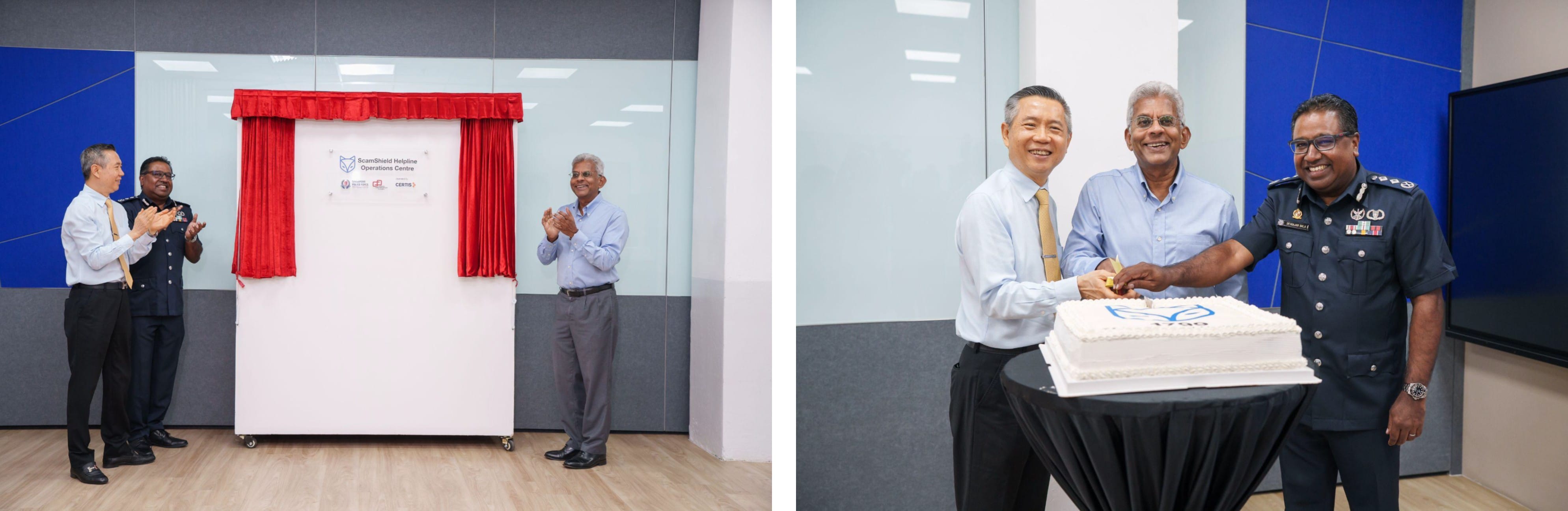 Three men unveiling a ScamShield Helpline Operations Centre plaque, and cutting a white celebration cake together.